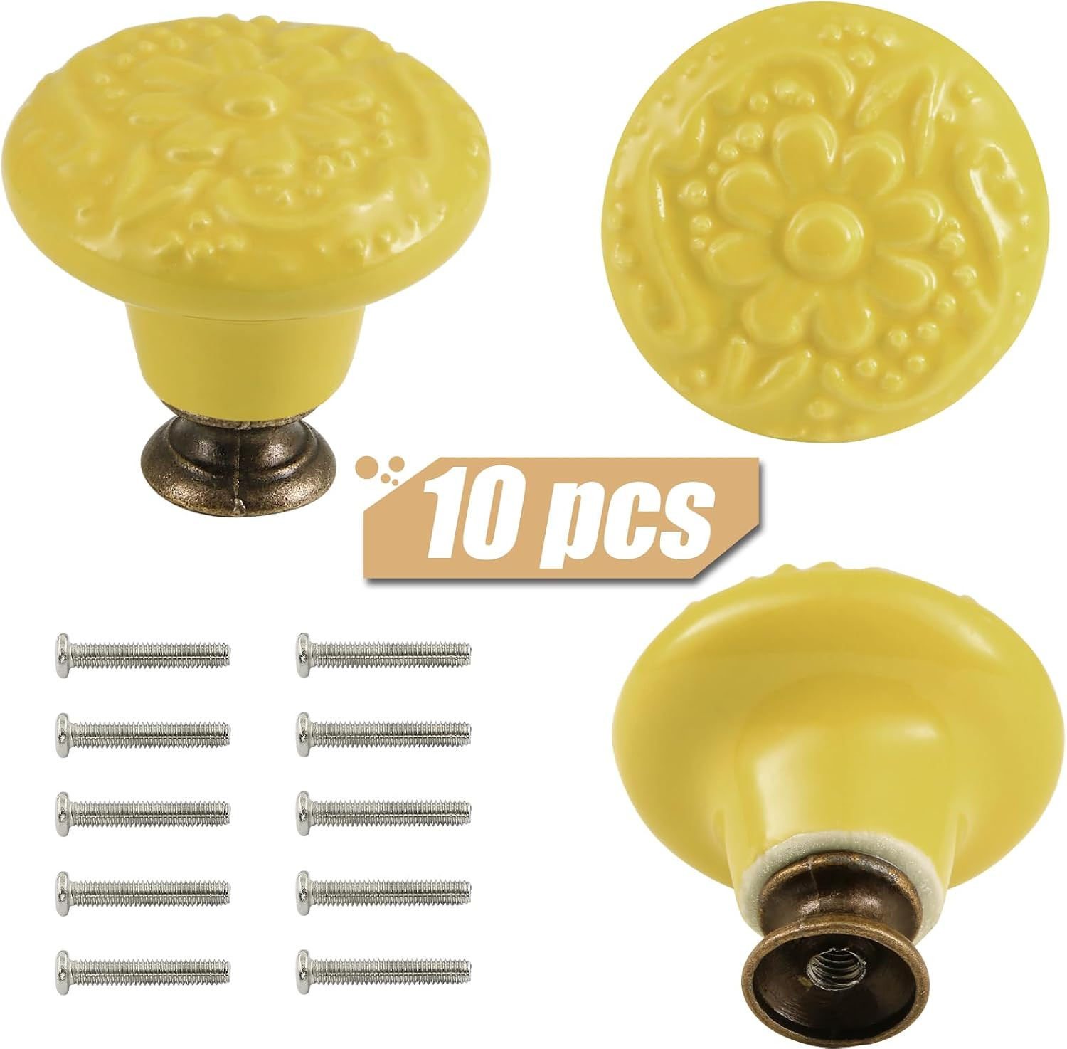 Yellow Ceramic Knobs 10 Pack Flower Drawer Pulls Vintage Cabinet Knobs – Antique