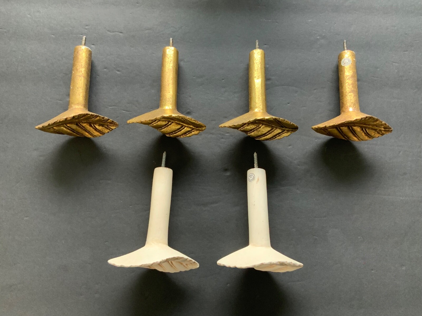 Set of Antique Painted Bin Dresser Drawer Pulls lot of 6 (4 gold 2 white)