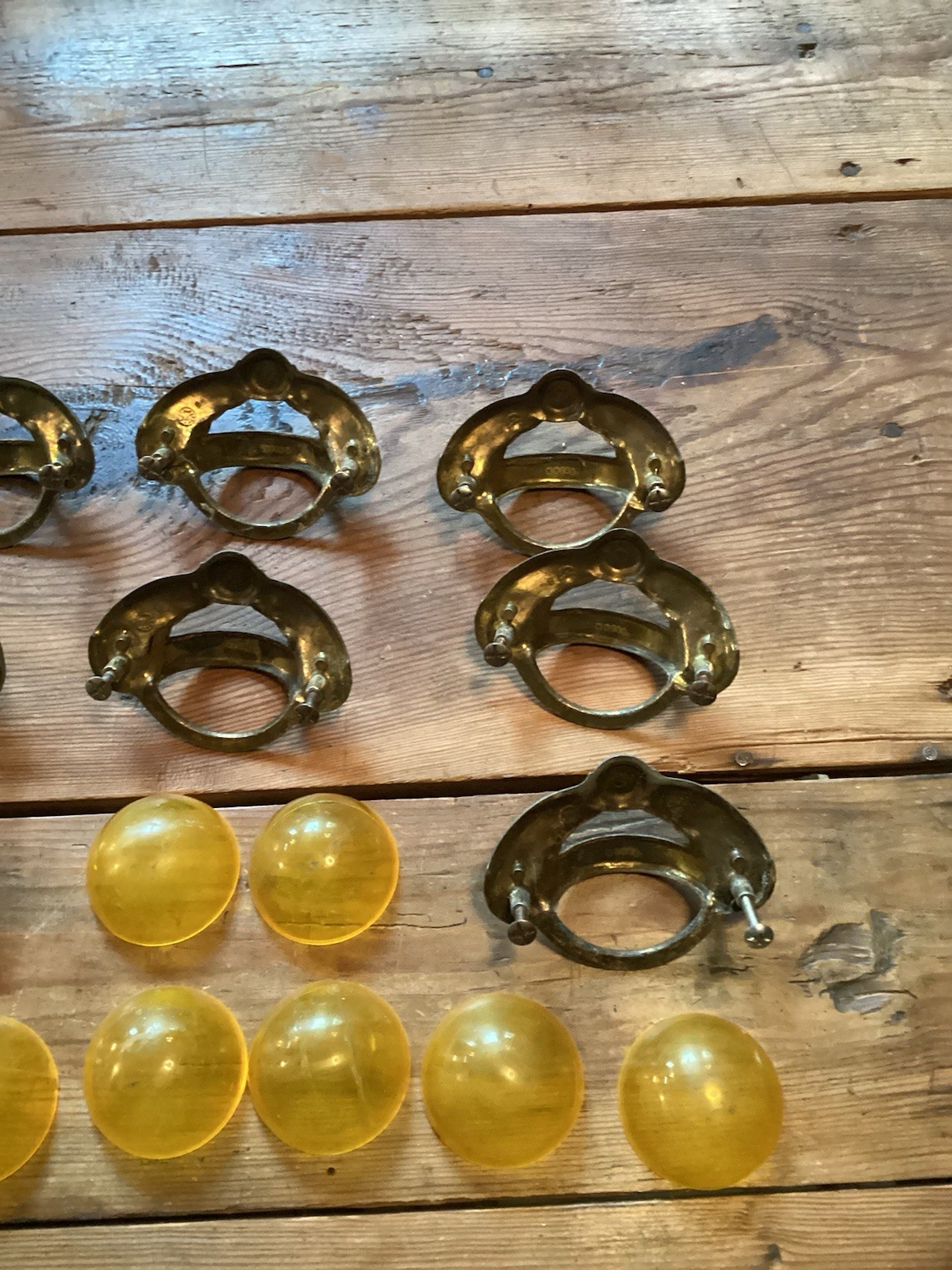 Art Nouveau Style Finger Cup Pulls Gold Bakelite?- Set of 8 – 3″ centers