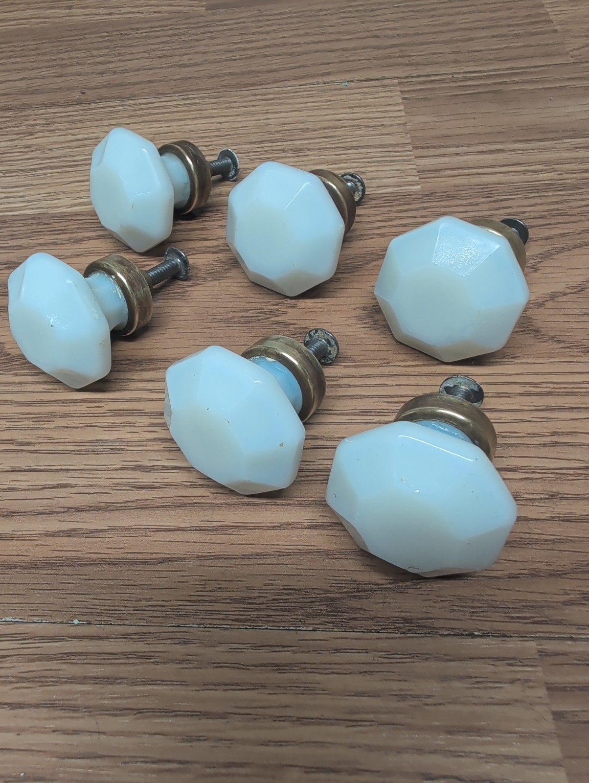 Vintage Dental Medical Cabinet Milk Glass Drawer Knob Pulls Hex Shape W/Hardware