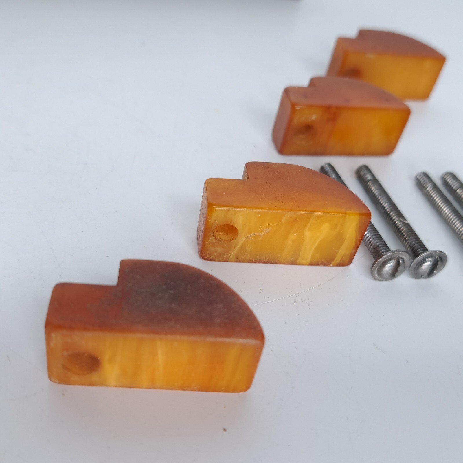 4 Antique ART DECO Butterscotch Bakelite Brass Plated Bar Drawer Pulls Reclaimed