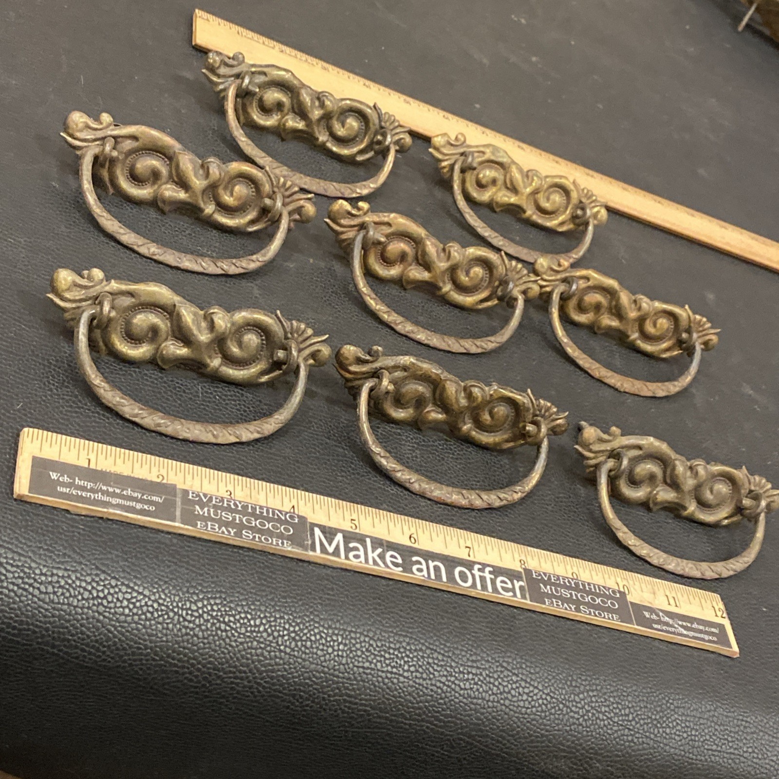 8 Antique Drop Bail Pulls Ornate Nouveau Scroll Fleur De Lis French Lily Flower