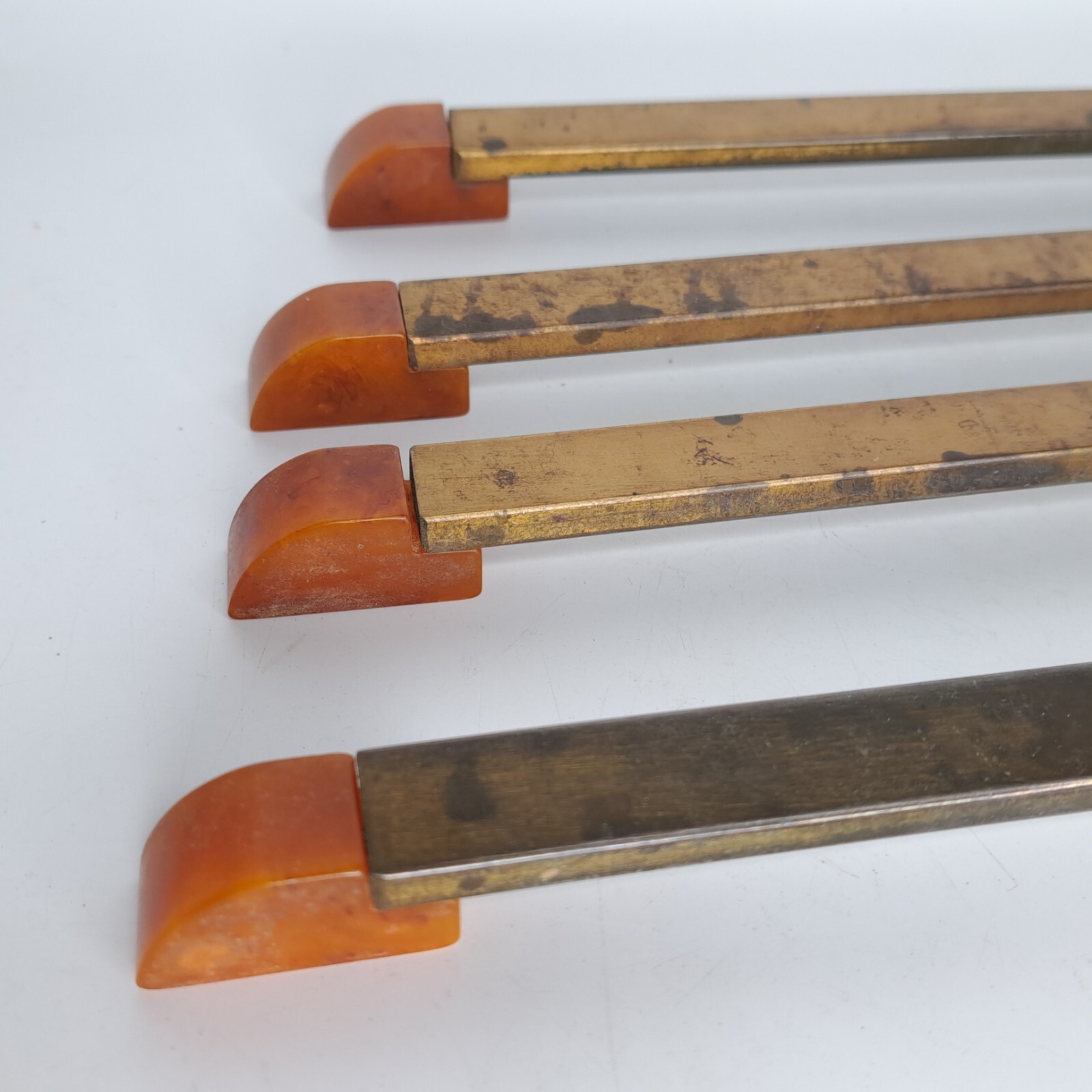 4 Antique ART DECO Butterscotch Bakelite Brass Plated Bar Drawer Pulls Reclaimed