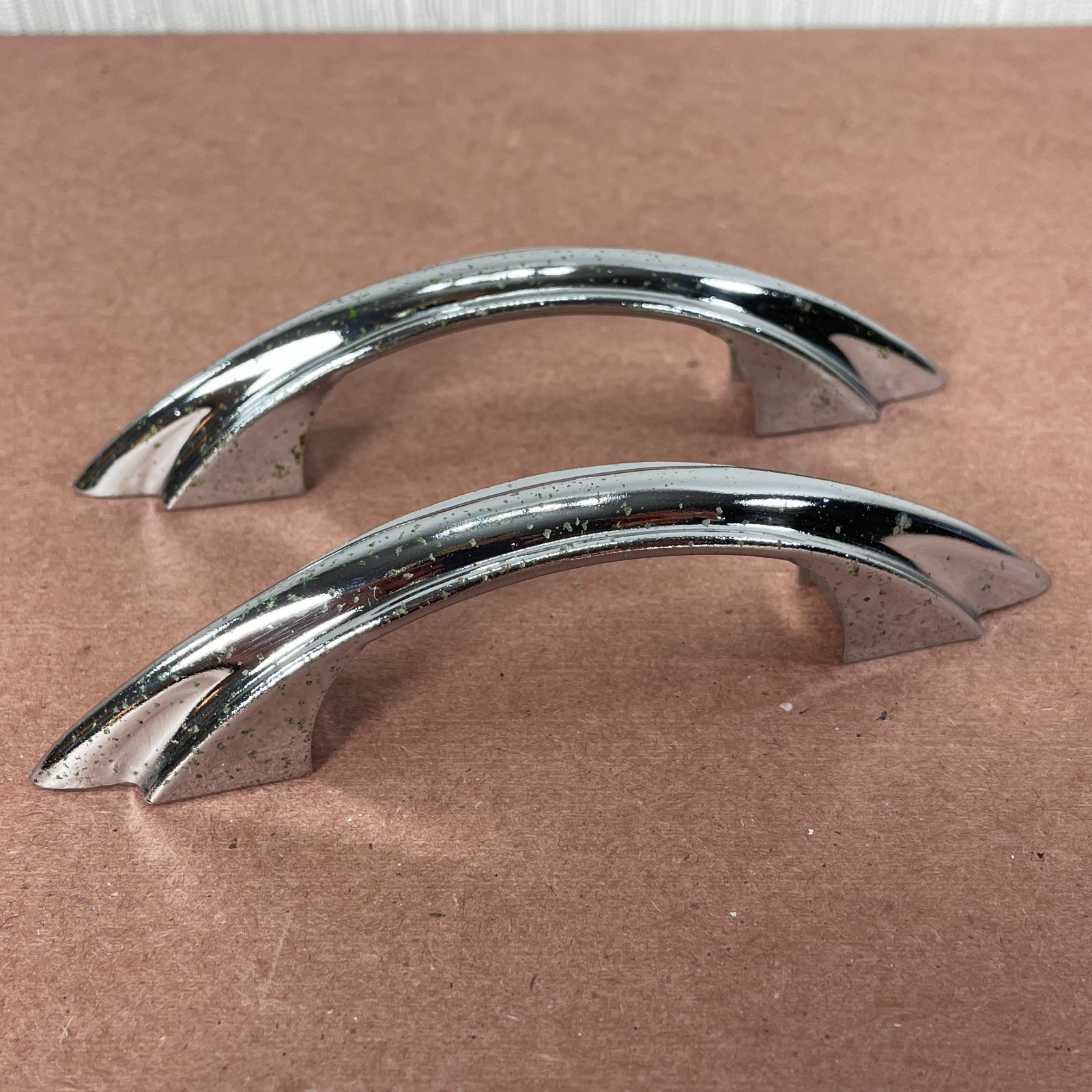 2 Vintage Chrome Plated Cabinet Pulls ( Similar to Youngstown & Amerock E311 )