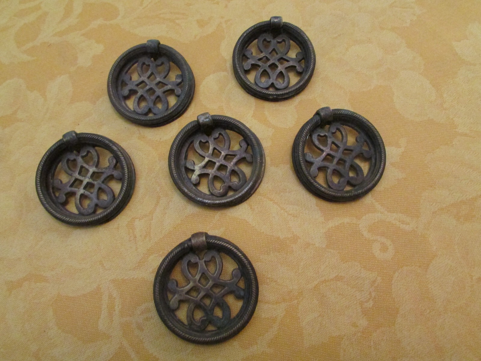 Set of 6 Matching Vintage Round Ornate Metal Brass Drawer Furniture Pulls w/bail