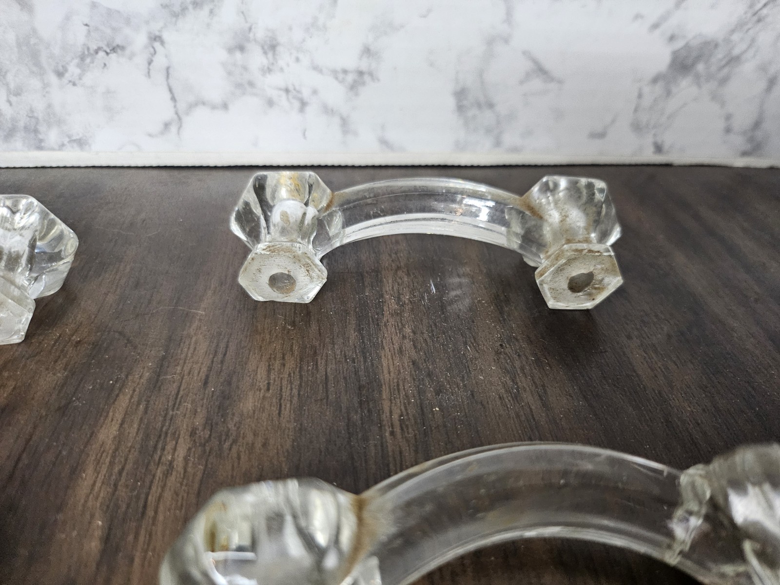 Lot 4 Hexagon Vintage Clear Glass Knobs Handle Pulls Reclaimed Kitchen Bath