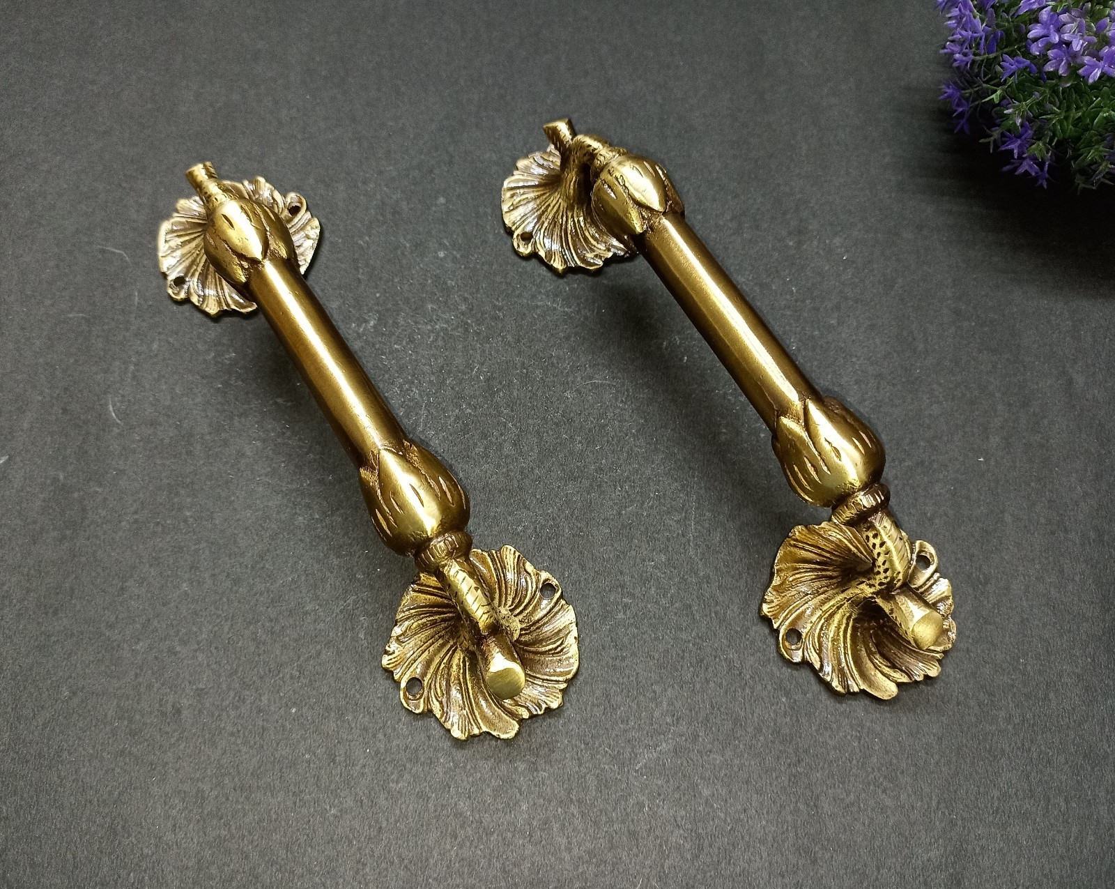 Lacquered Brass Flower Base Door Pull Floral with Twigs Design Handle Pair GTX