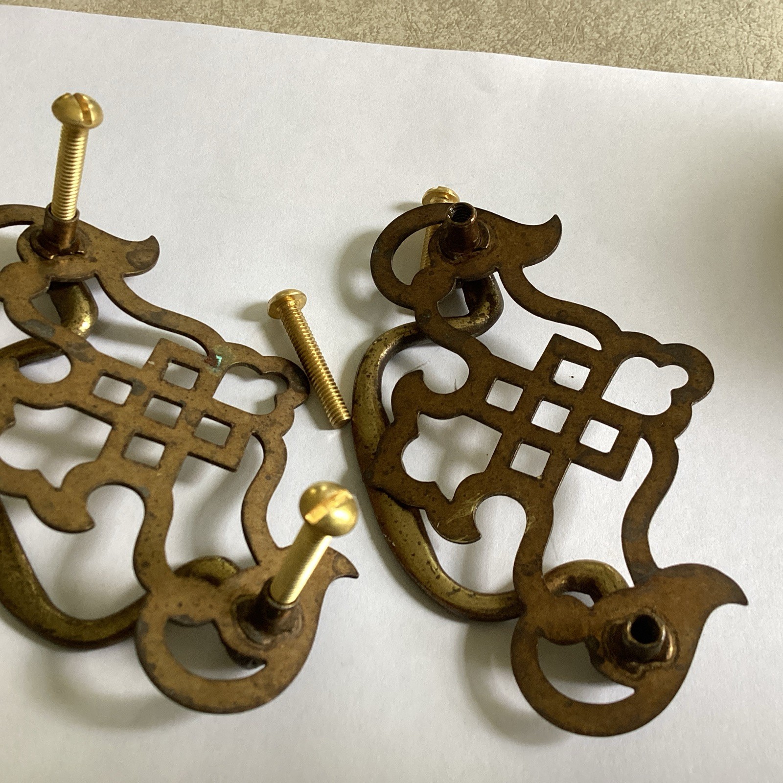Nice Pair Vintage Pierced Brass Plated Chippendale Drawer Pull 3 In” In.