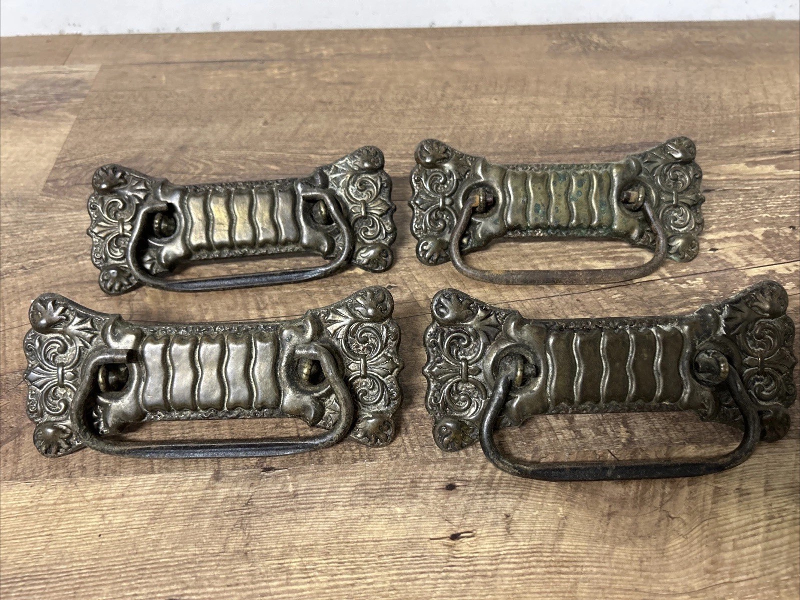 Set of 4 Ornate Victorian Stamped Drawer Pulls Bail Handles Vintage Brass
