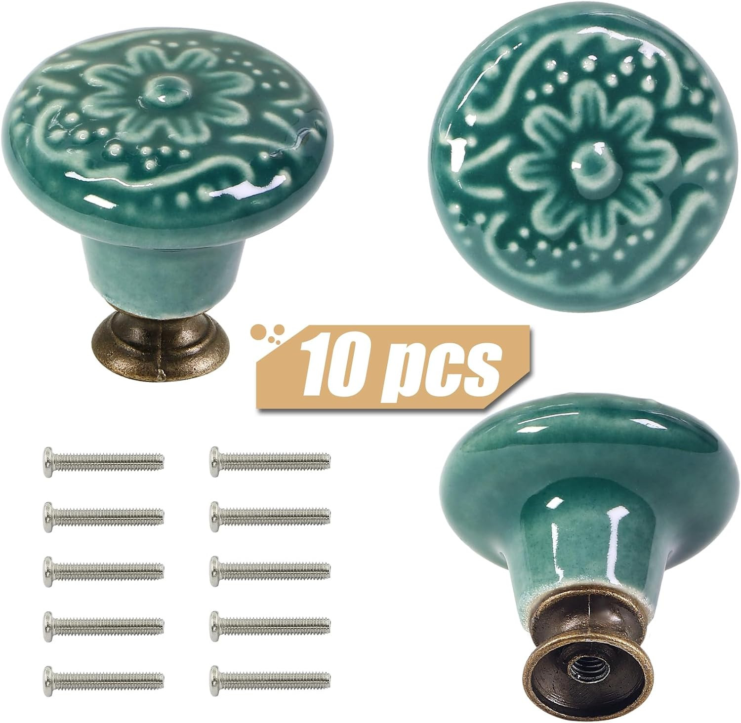 Green Ceramic Knobs 10 Pack Flower Drawer Pulls Vintage Cabinet Knobs – Antique