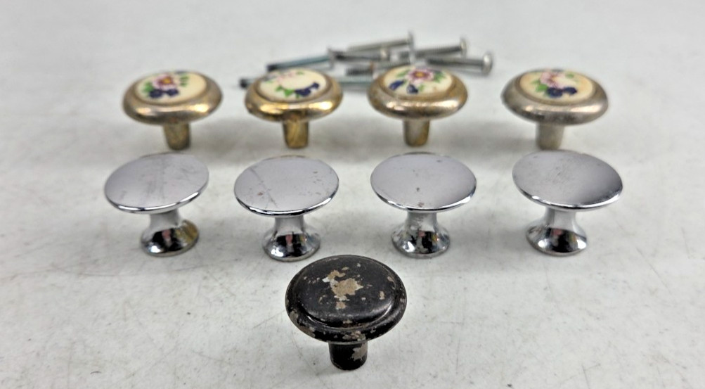 Vintage Lot of 9 Random Cabinet Round Drawer Pull Knobs As Is Floral Chrome