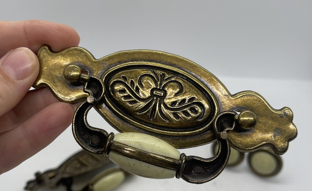 Brass Drawer 3 Pulls And w Knobs With Beige Ceramic Bead Center Vintage