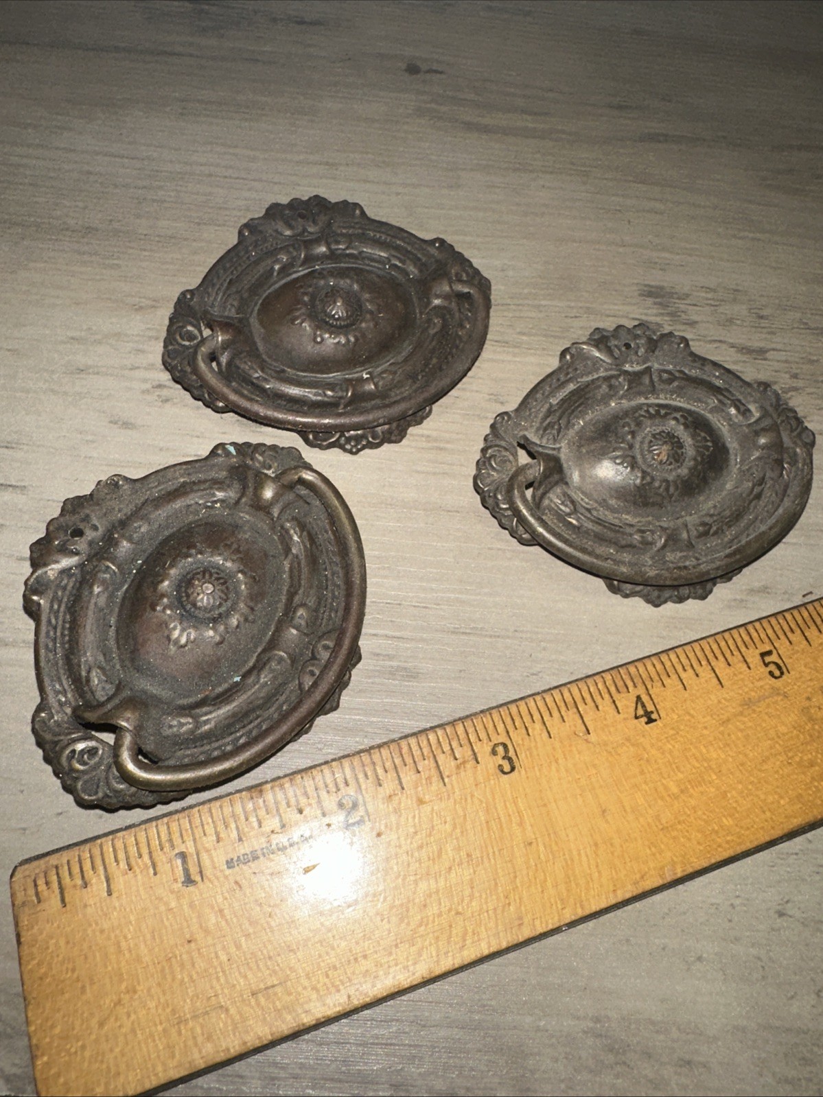 3 Antique Drop Handle Drawer Pulls. Beautiful Details & Patina!