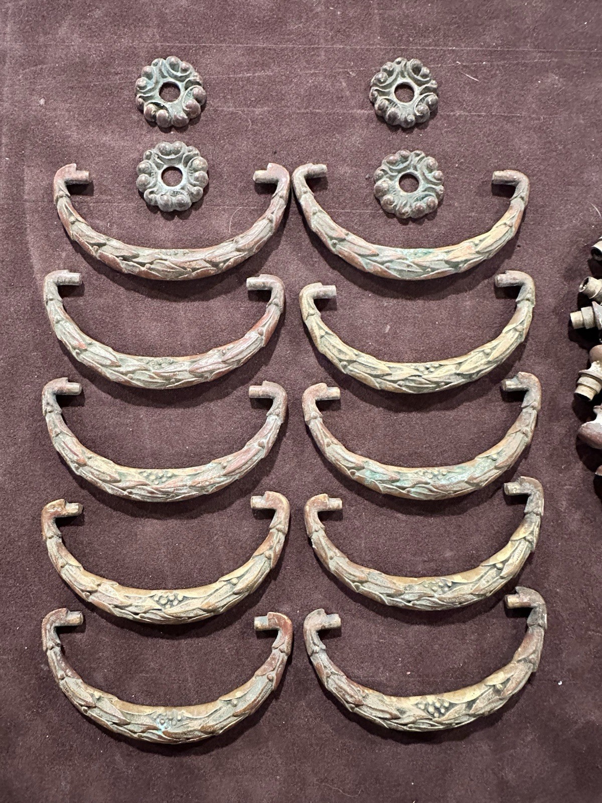 10 French Bronze Drawer Pulls w Extras