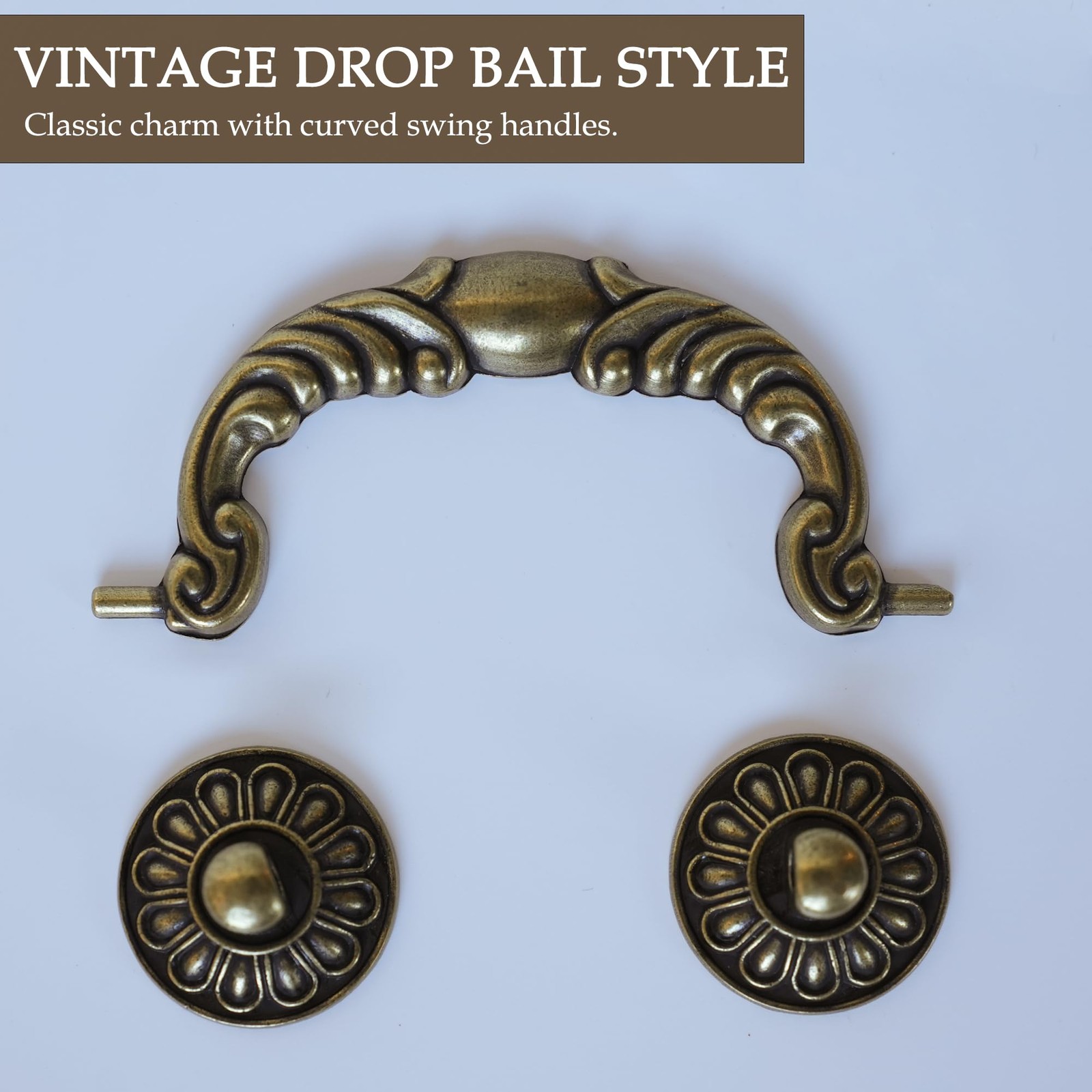 6 Pack Vintage Drop Bail Pulls, 3-1/2 Inch Hole Centers (90mm), Antique Brass Ca
