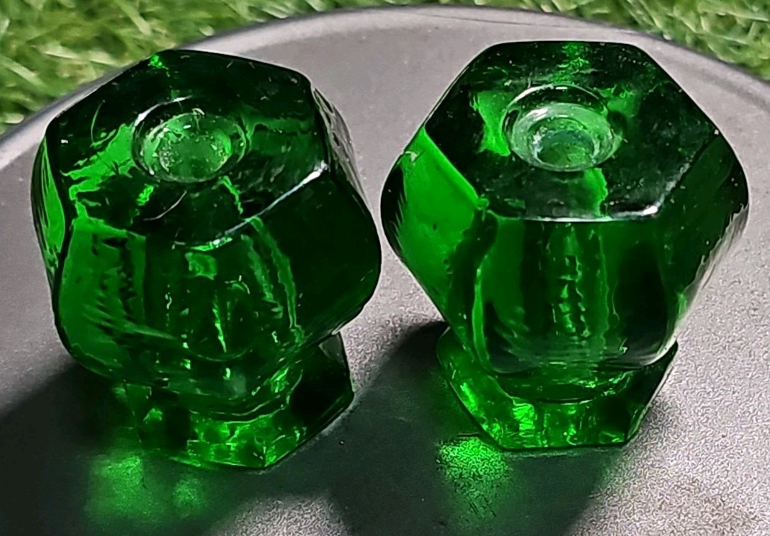 2 Antique Green Depression Glass Cabinet Drawer Pull Knob Vintage Hardware