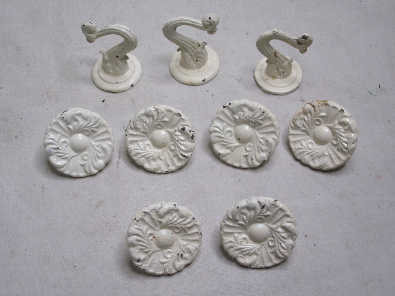 6 vintage ornate round pull knobs metal knob marked 250 Japan architectural hook