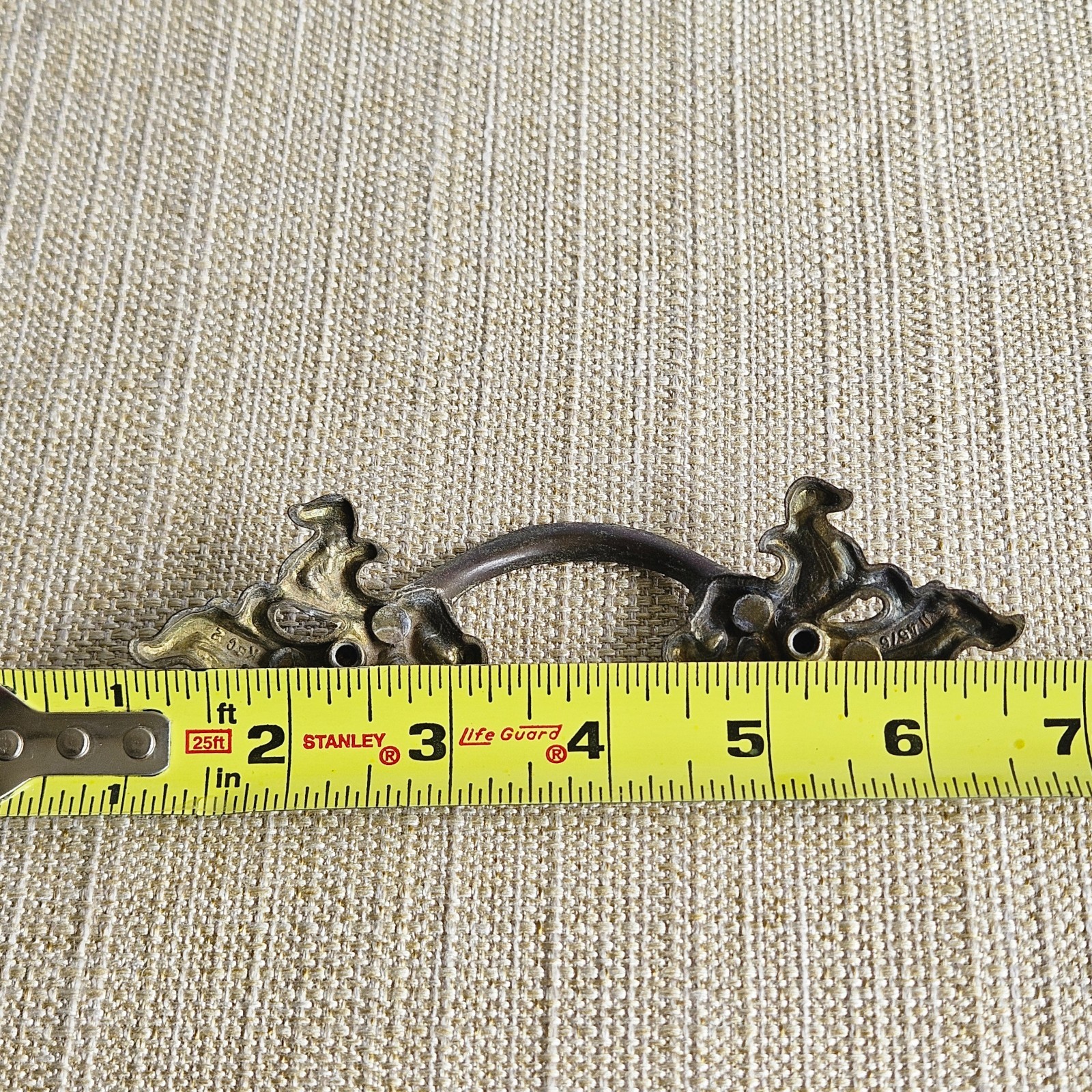 French Provincial Bail Drop Drawer Pulls Pair Antique Brass Patina Ornate M1676