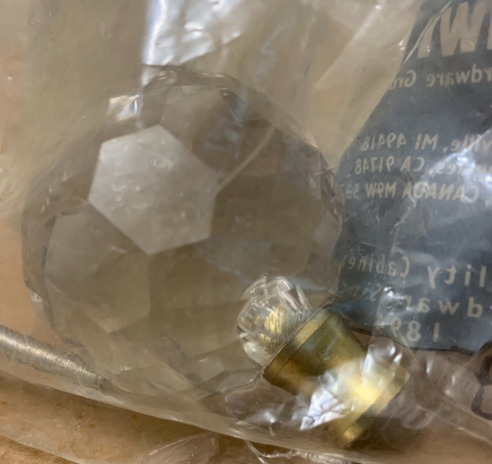 Vintage Belwith Crystal Acrylic Drawer knob faceted round clear brass sealed