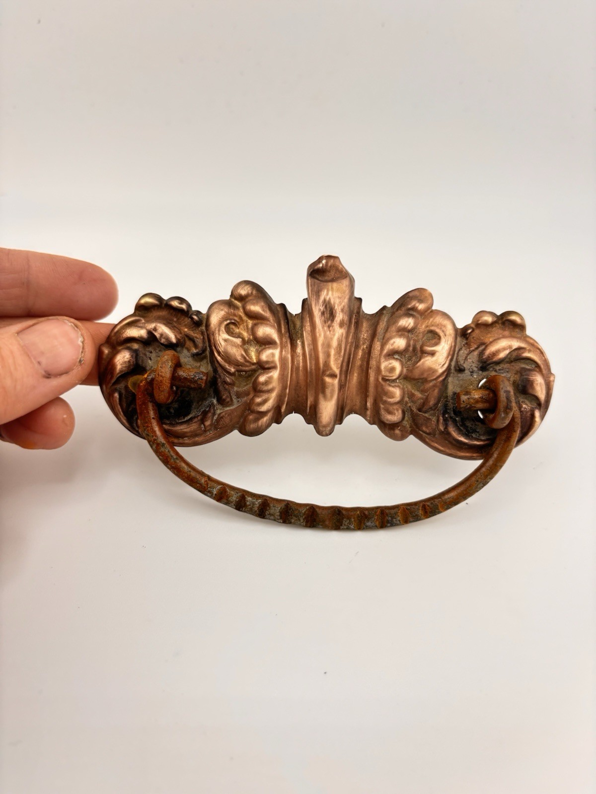 Victorian-Style Ornate Brass Bail Drop Drawer Pull Shield Backplate Antique