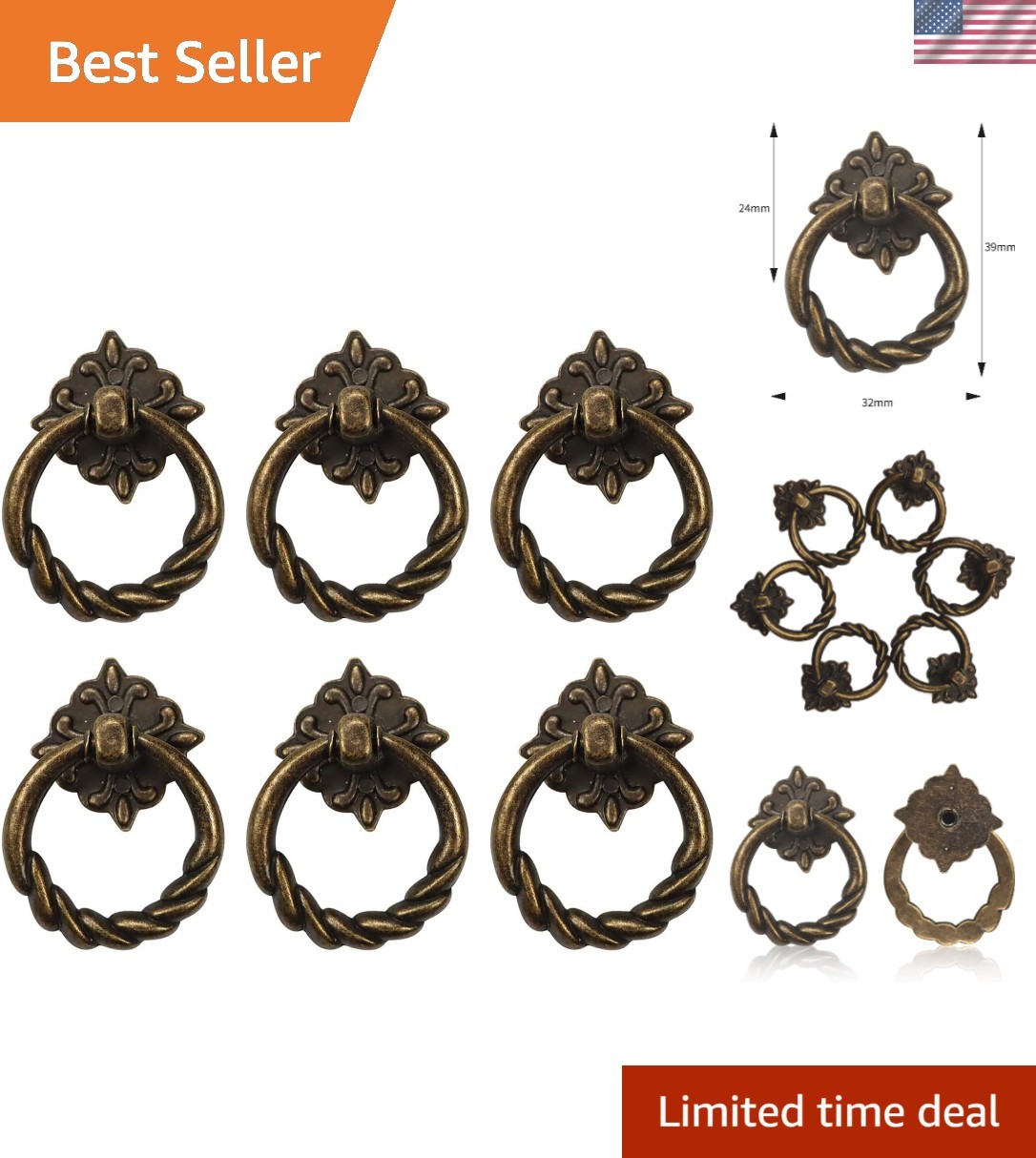 Antique Bronze Drop Ring Knobs – 6 Piece Set for Stylish Cabinets & Dressers
