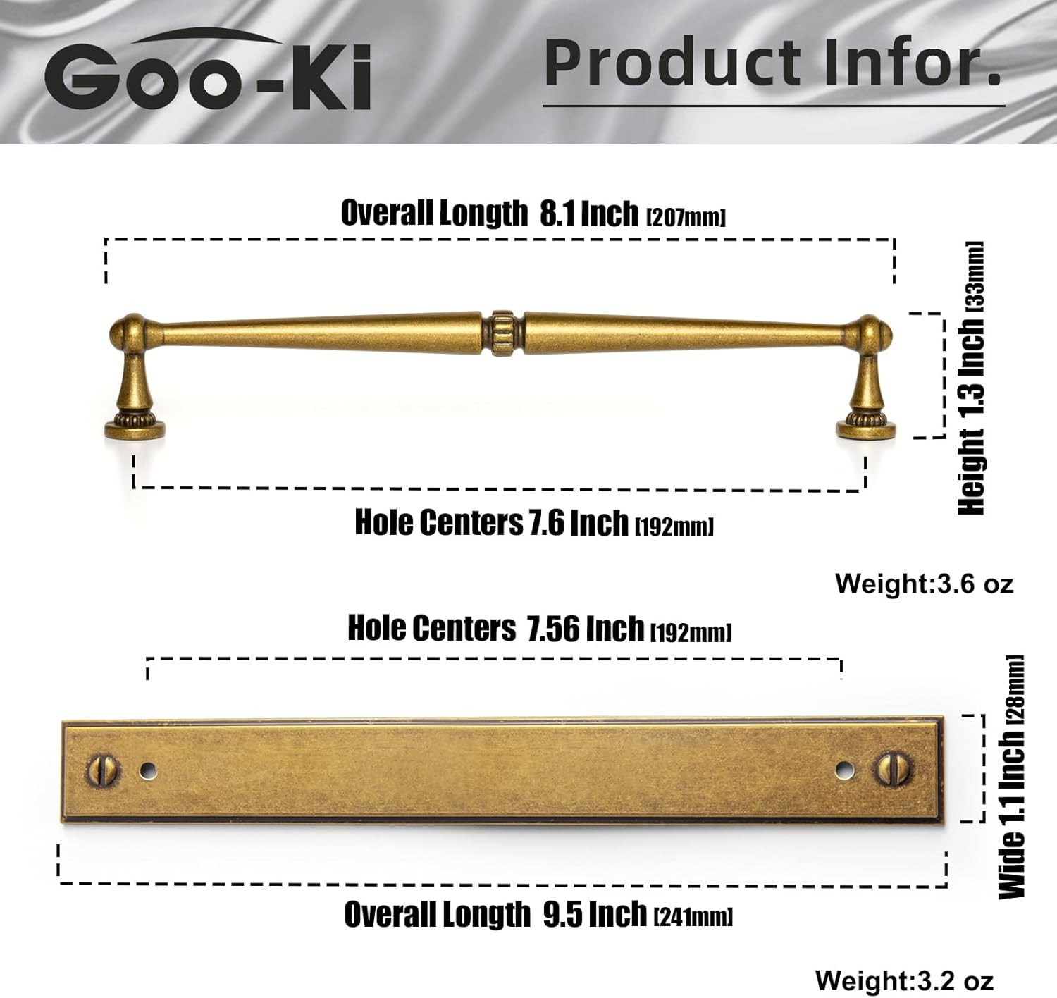 Antique Brass Cabinet Pulls with Backplate – 7.56″ Vintage Handles – 2 Pack
