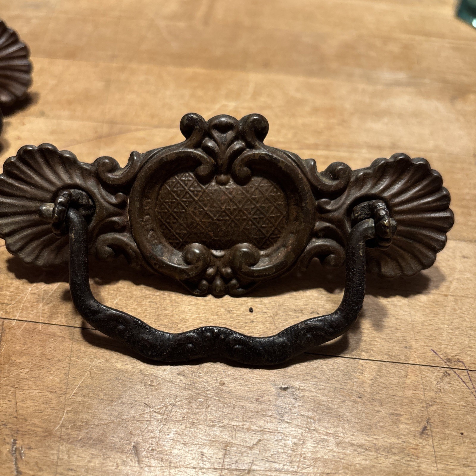 ANTIQUE Pair Of Brass Pressed Drawer Pulls Iron Bail 3” On Center