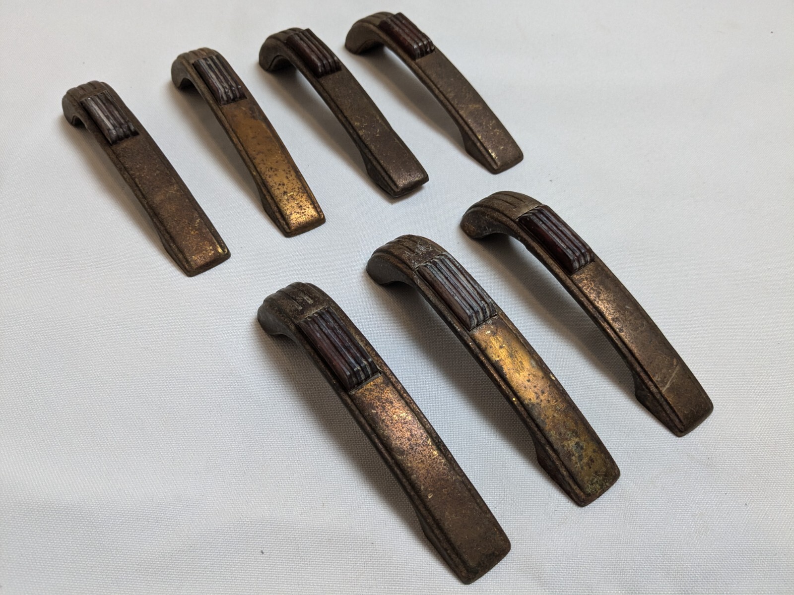 Set (7) 1940’s Amber Bakelite Art Deco Waterfall Drawer Pulls