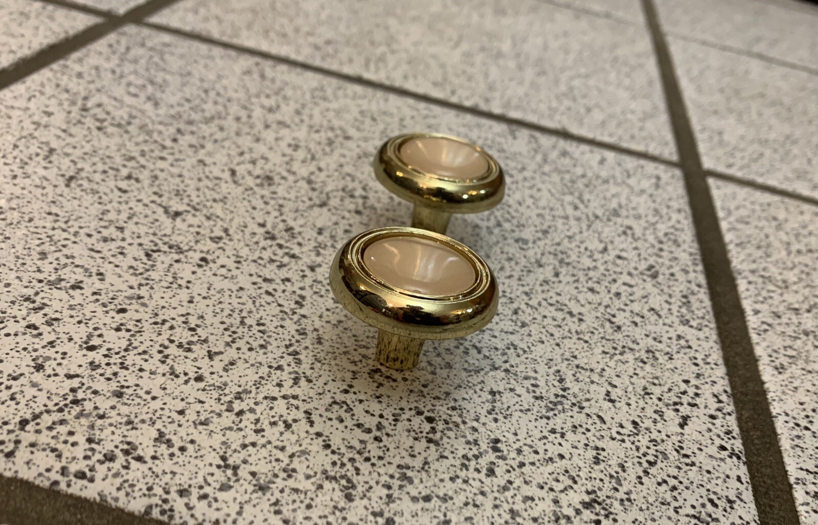 2 Knobs Beige Ceramic Brass Round Pulls Cabinet Drawer Heavy Mid Century Vintage