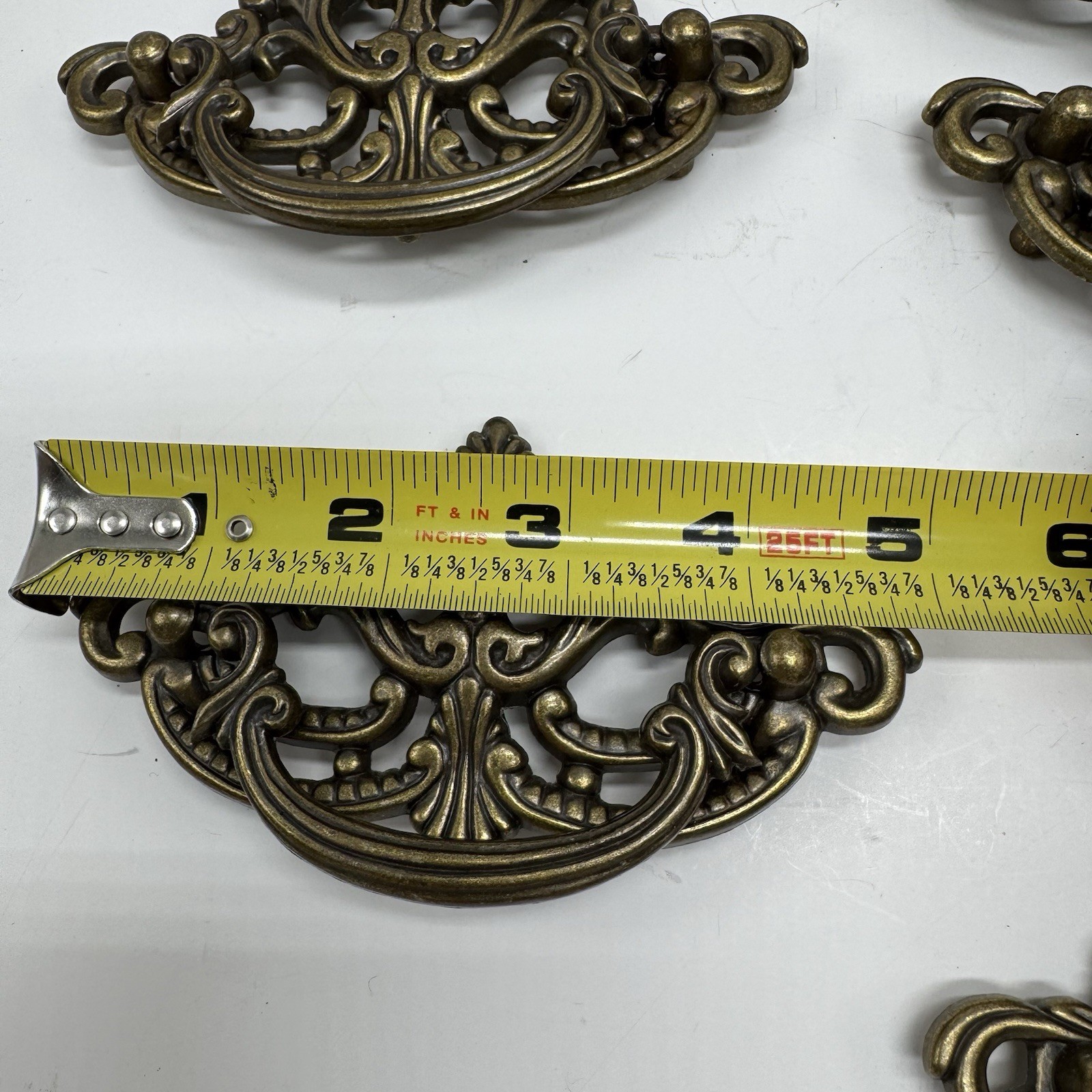 Vintage 1988 80s Antique Brass Bail Drop Drawer Pull Hardware Ornate Replacement