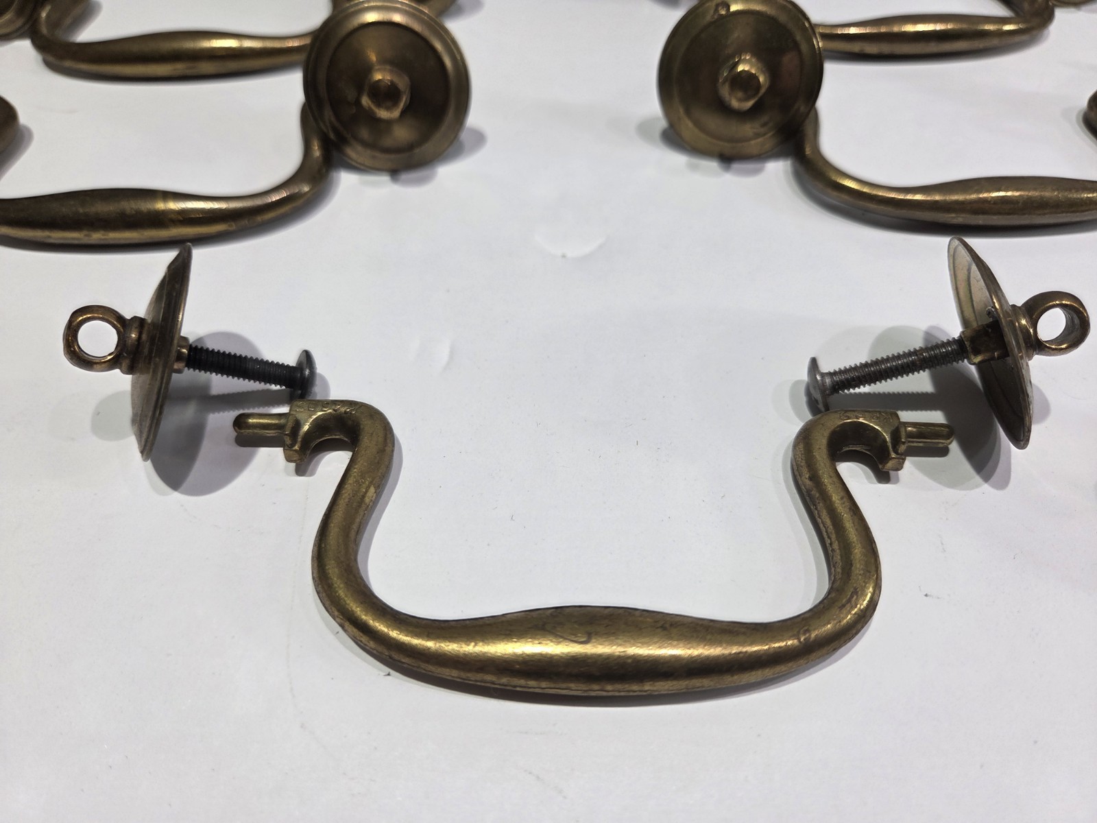 Lot 14 Vintage Cast Brass Swan Neck Bail Drawer Pulls Handles Restoration Metal