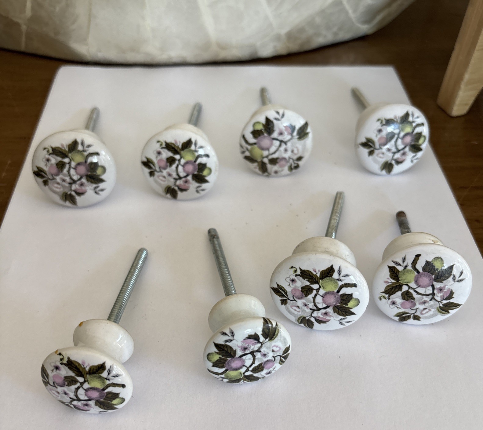 Vtg Porcelain Pulls/Knobs, White Painted Cherry Blossom Floral Design~Lot of 8