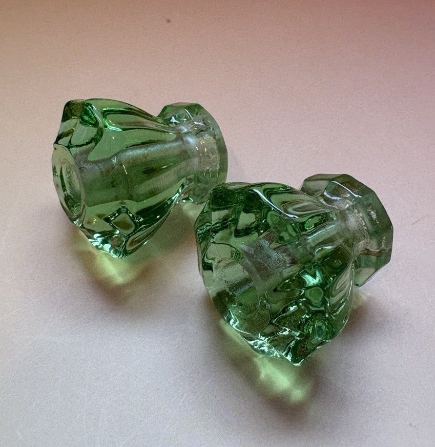 2 Antique GREEN URANIUM DEPRESSION GLASS Knobs Pulls Cabinet 1 1/8”—GLOWS!