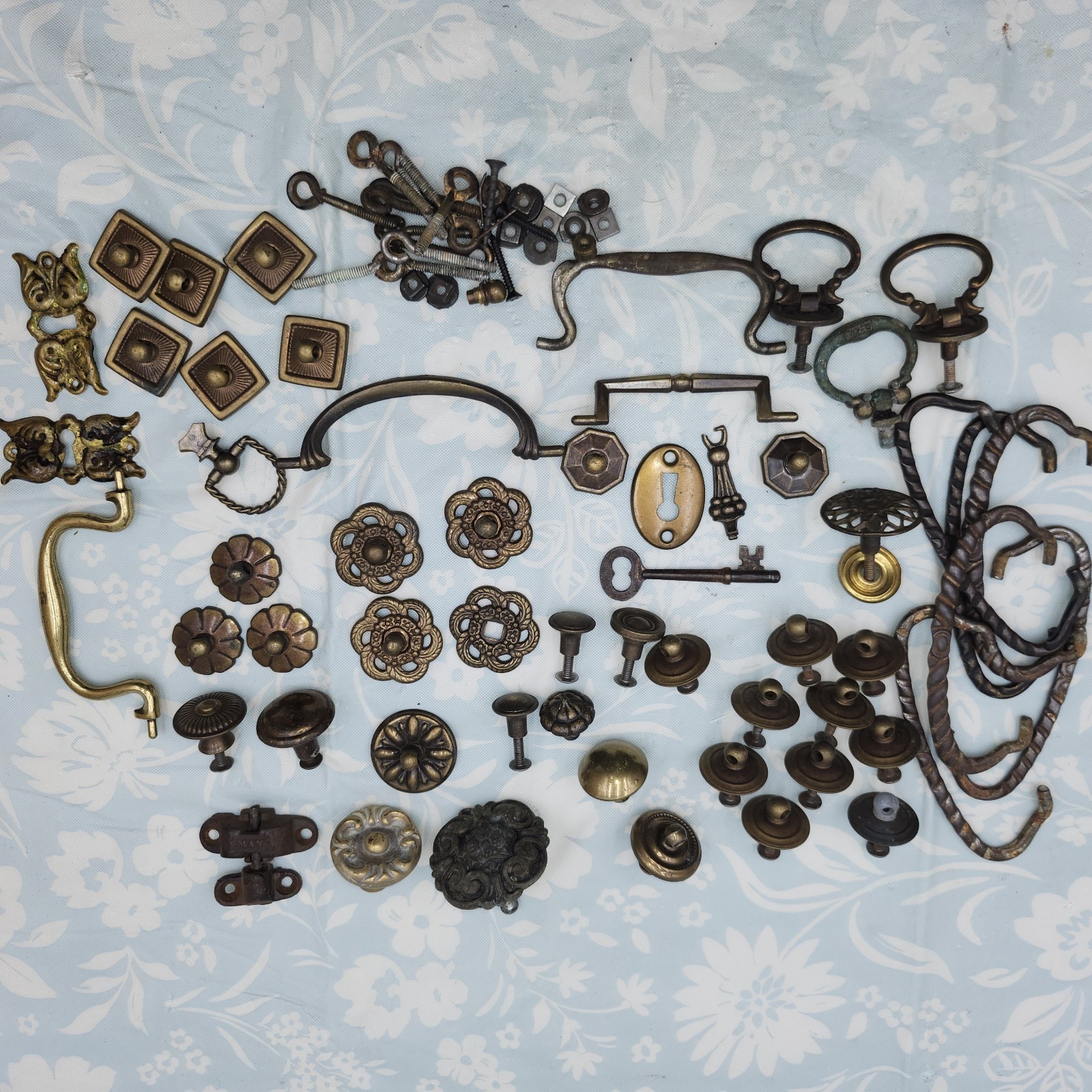 Lot antique bronze Vintage furniture Knobs & bail pulls stamped brass key hole