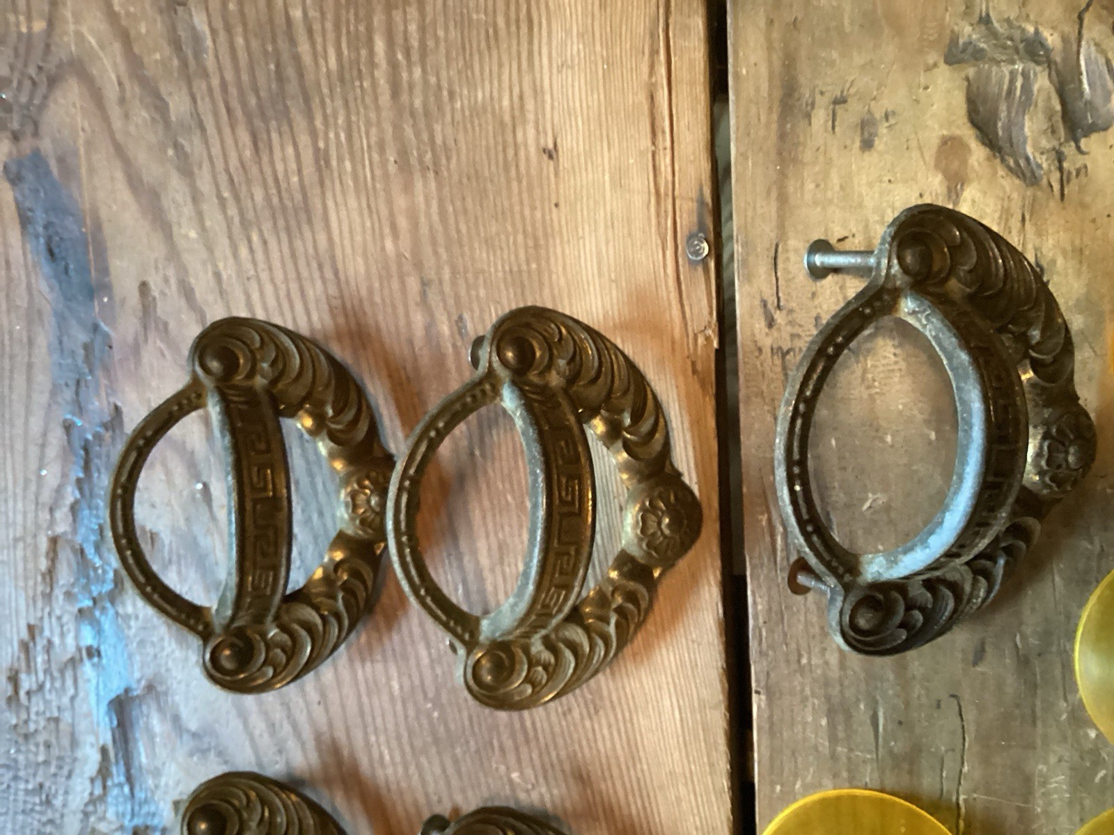 Art Nouveau Style Finger Cup Pulls Gold Bakelite?- Set of 8 – 3″ centers