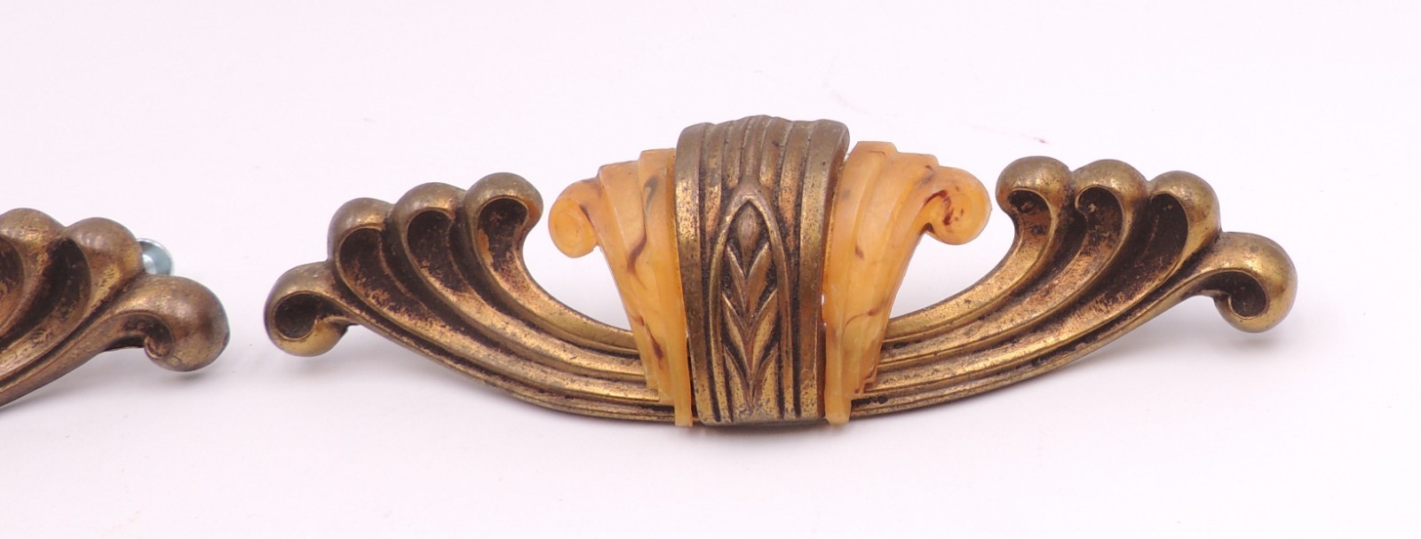 2 Art Deco Drawer Pull w/ Bakelite Vintage Knob Brasstone Waterfall Handle Set