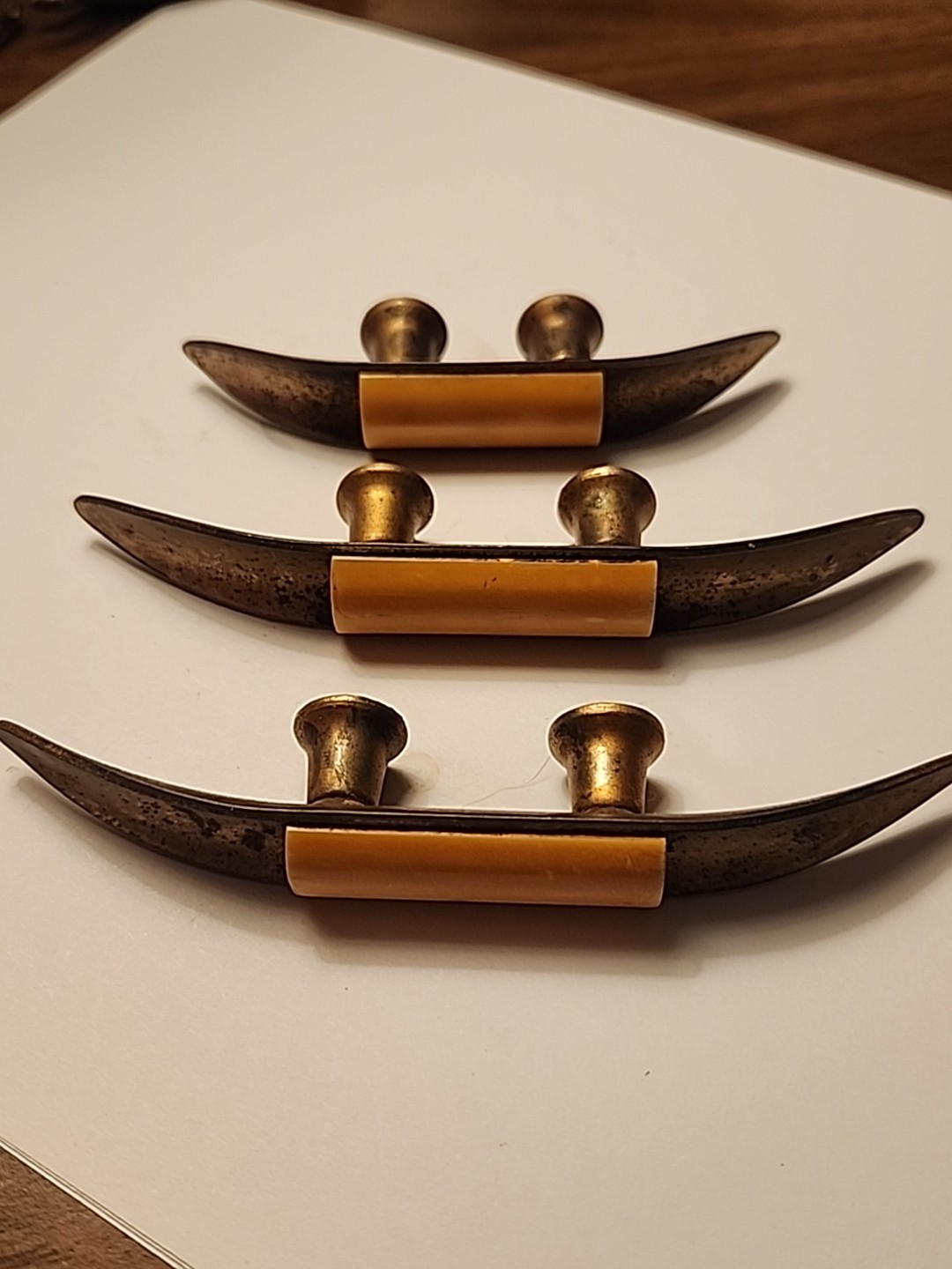 3 Vtg Art Deco Brass Cabinet Drawer Pulls Bakelite Centers Rare Retro Salvage