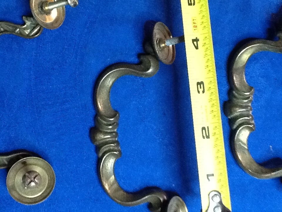 VINTAGE BRASS BAIL DRAWER PULLS (4) ORNATE W/CIRCULAR ROSETTES 5.5″ 051326DR
