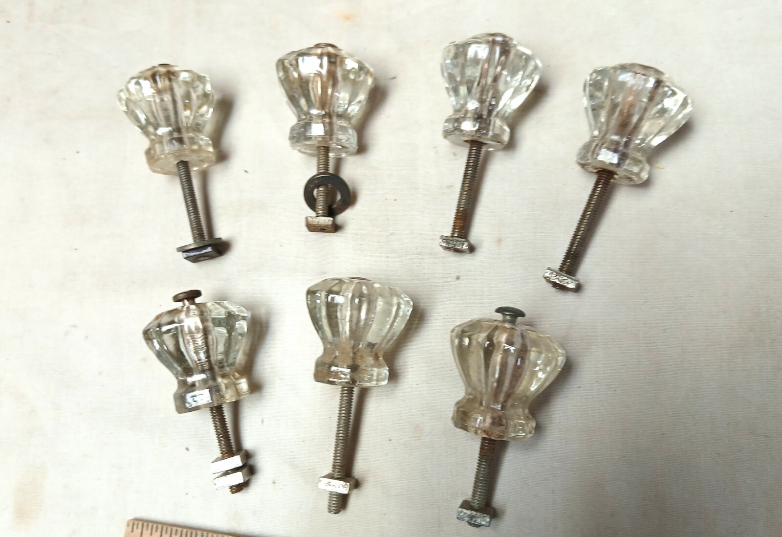 Set of 7 Antique Glass Drawer Knobs 1920s Era