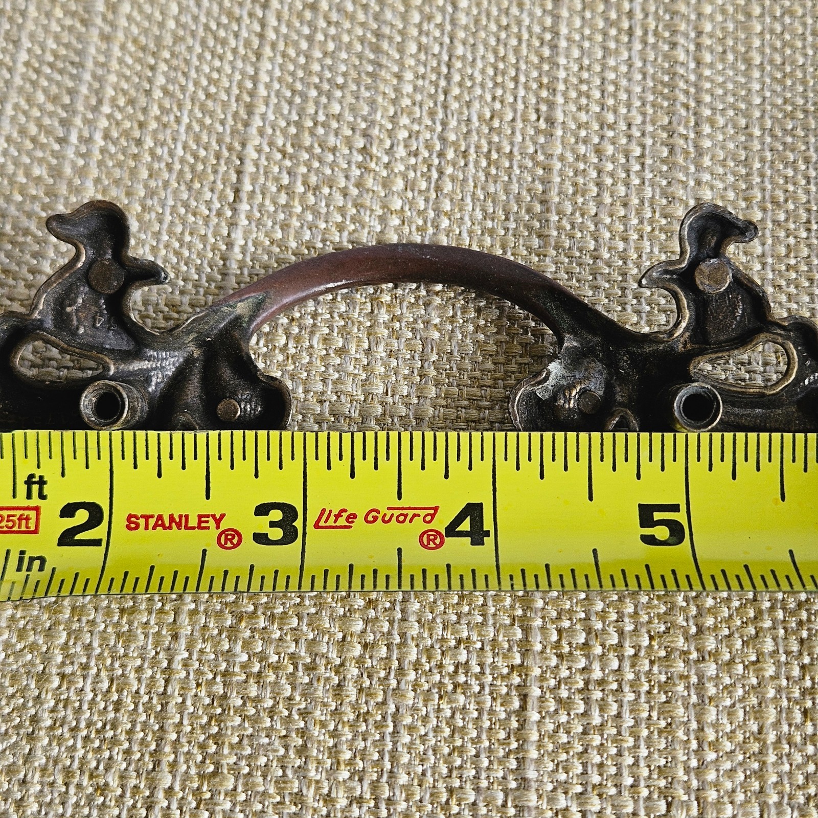 French Provincial Bail Drop Drawer Pulls Pair Antique Brass Patina Ornate M1676