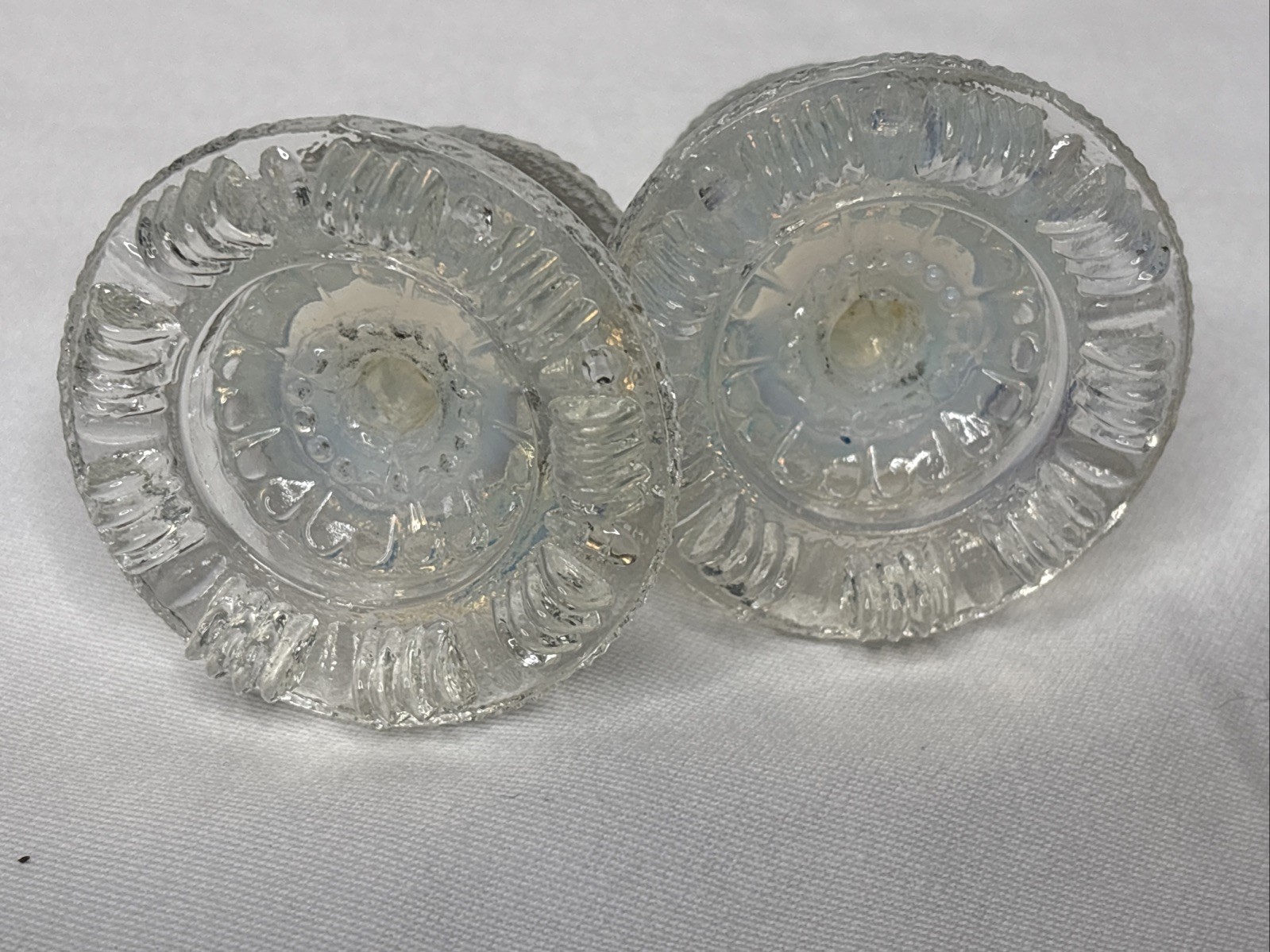 2 Antique Boston Sandwich Glass Floral Clam Broth Drawer Pulls 2” Iridescent