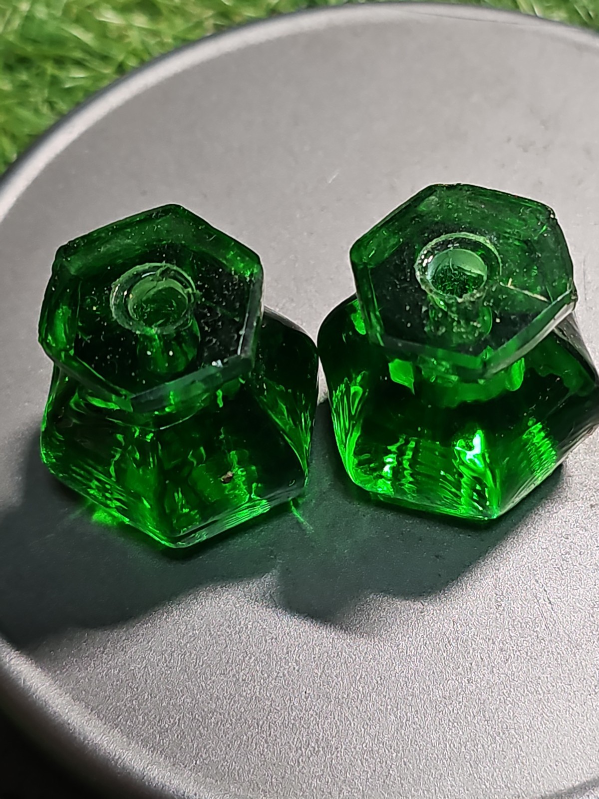 2 Antique Green Depression Glass Cabinet Drawer Pull Knob Vintage Hardware