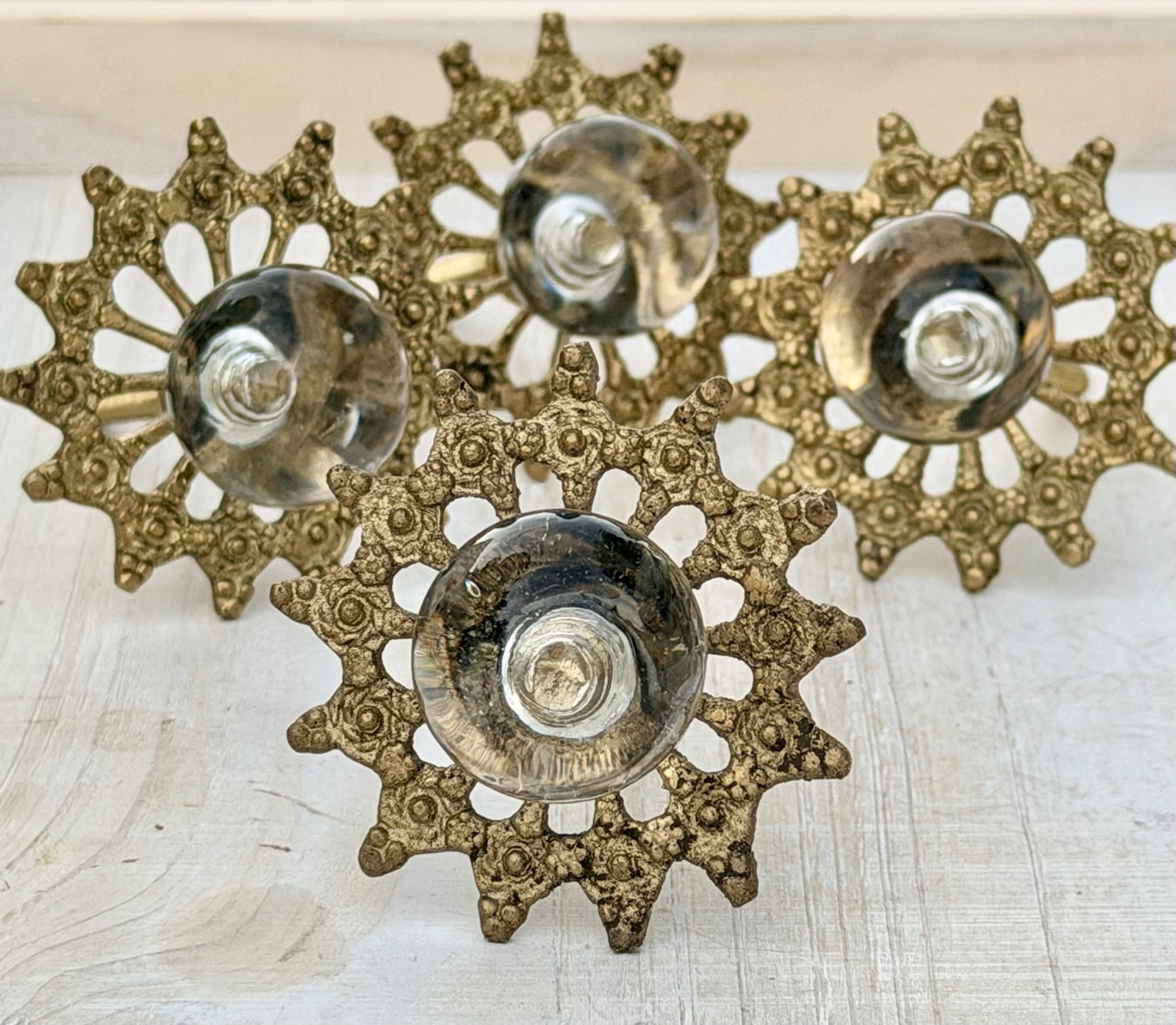 4 Antique Glass Drawer Pull Handle Clear Smooth Cabinet Knob Brass Ornate Base