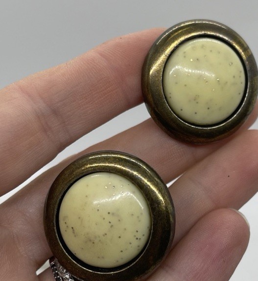 Brass Drawer 3 Pulls And w Knobs With Beige Ceramic Bead Center Vintage
