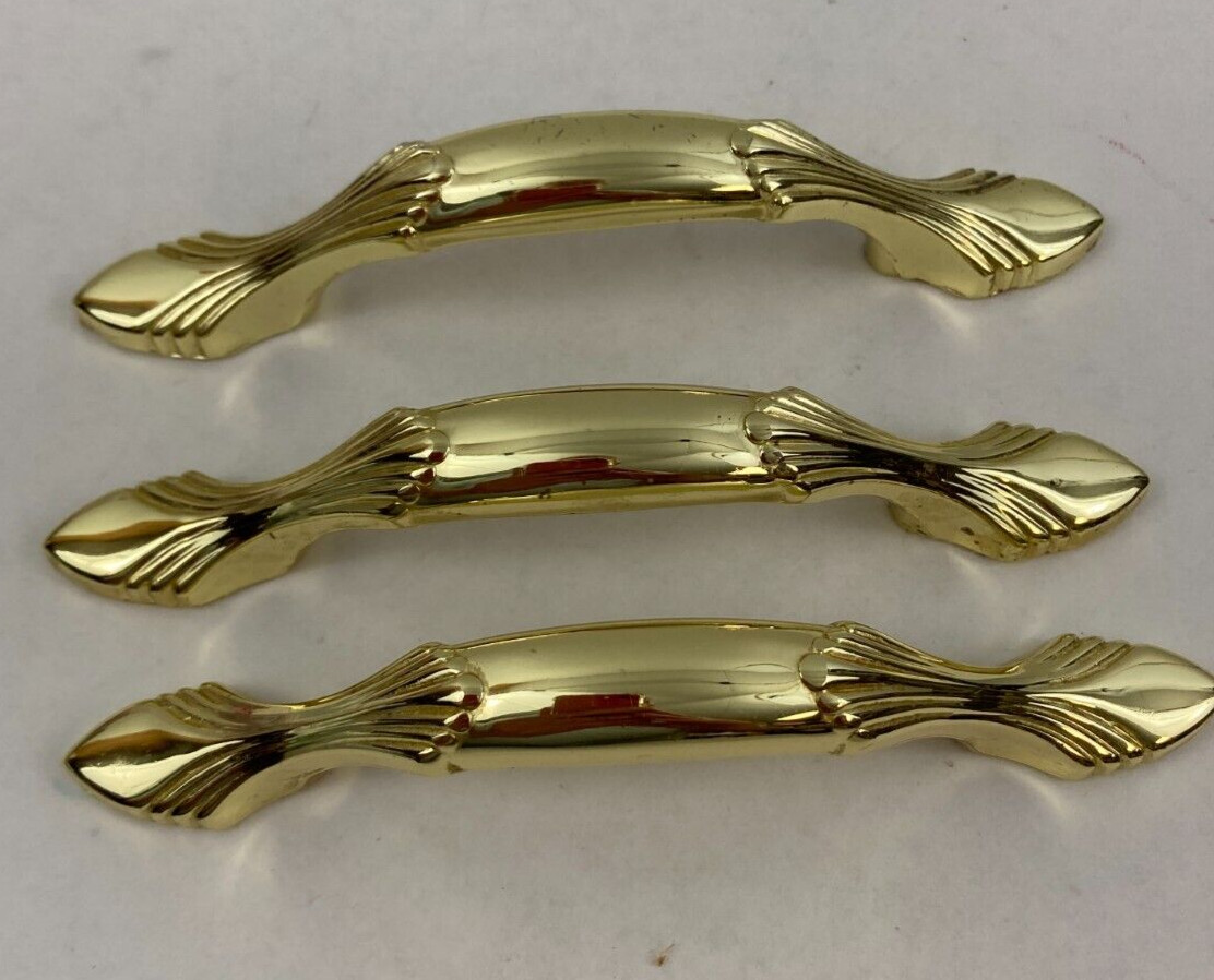 Polished Brass Drawer Pulls 3″ O.C. Preowned Lot of 3 Kitchen Bathroom