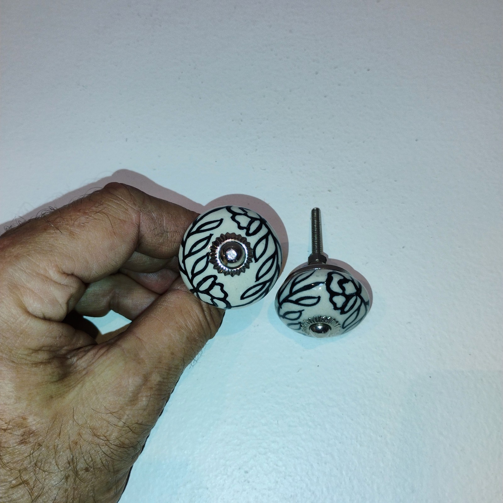 Ceramic Knobs Cabinet Drawer Handles Round Black White Floral Vine
