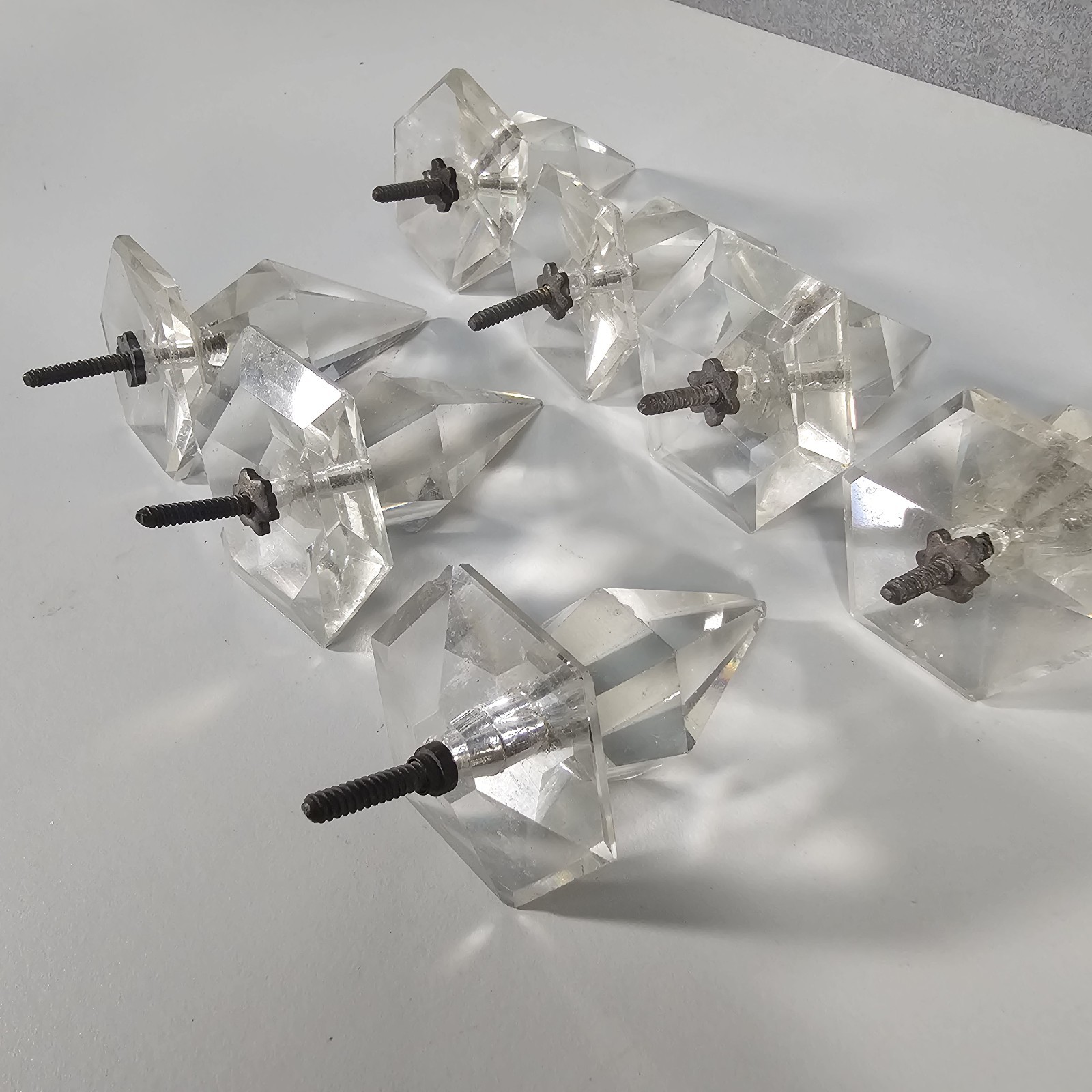 Drawer Pull Knobs Faceted Acrylic Set of 7 Clear Diamond Point Style Vintage
