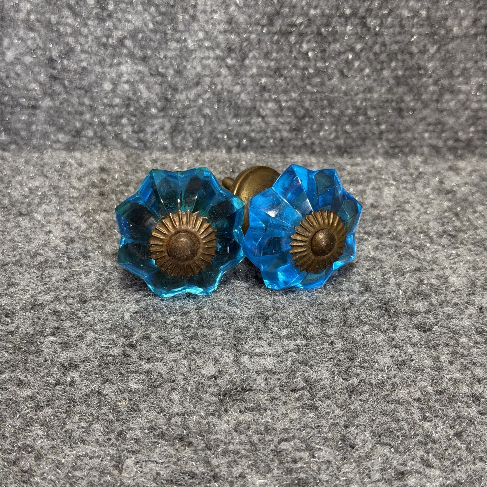 Vintage Brass Floral Aqua Blue Cut Glass Drawer Knob Handle Pull Handmade 2pcs