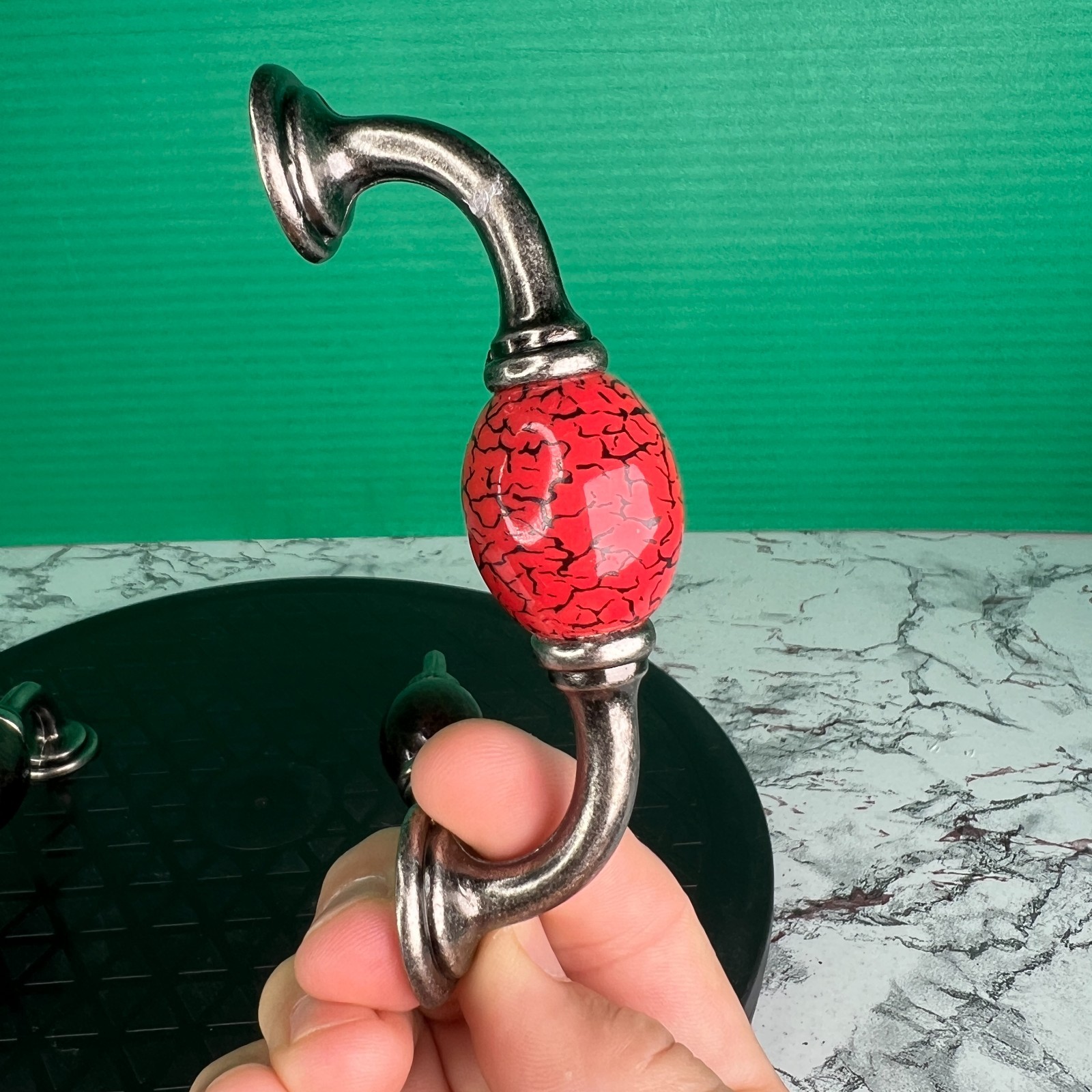 Lot of 3 Vintage Crackle Ceramic Cabinet Pulls Handles Red Black Silver 78 chars