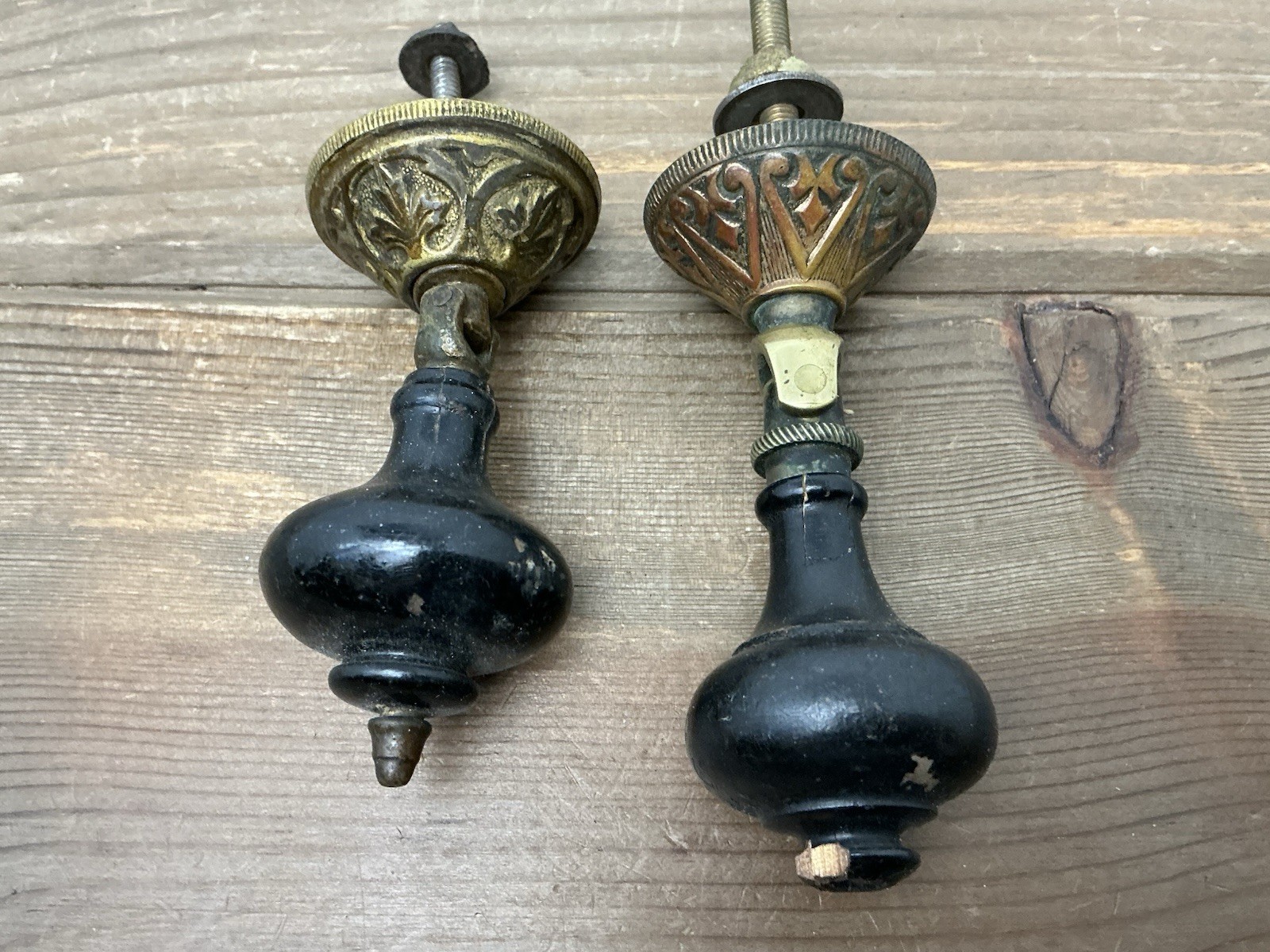 2 Antique Drop Drawer Pulls, Parts Brass Black Wood Teardrop Victorian/Edwardian